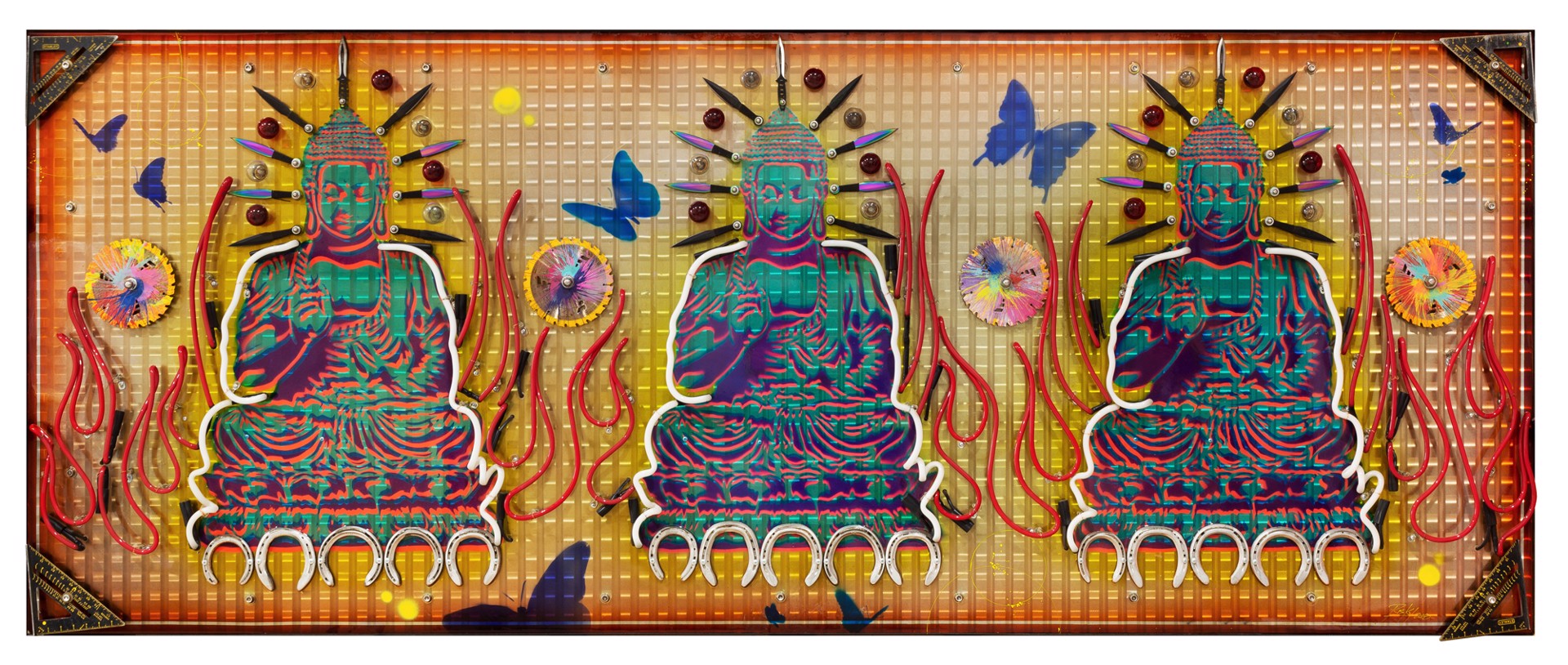 Peaceful Buddha with throwing knives Neon by Risk