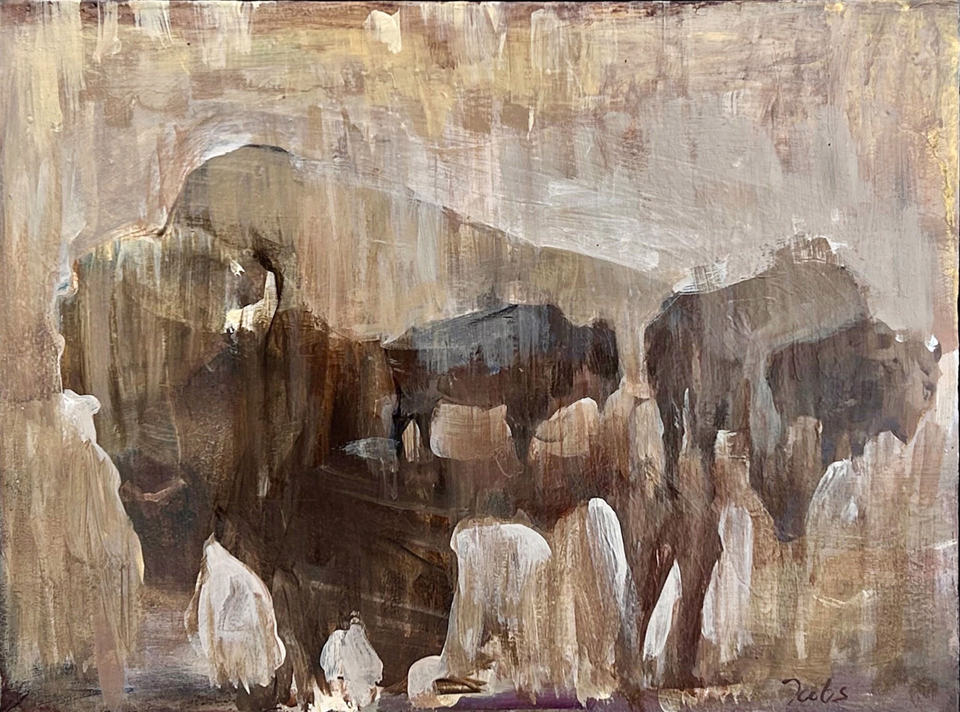 Original Acrylic Painting By Taryn Boals Featuring Transparent Overlapping Bison Silhouettes In Neutral Color Palette 