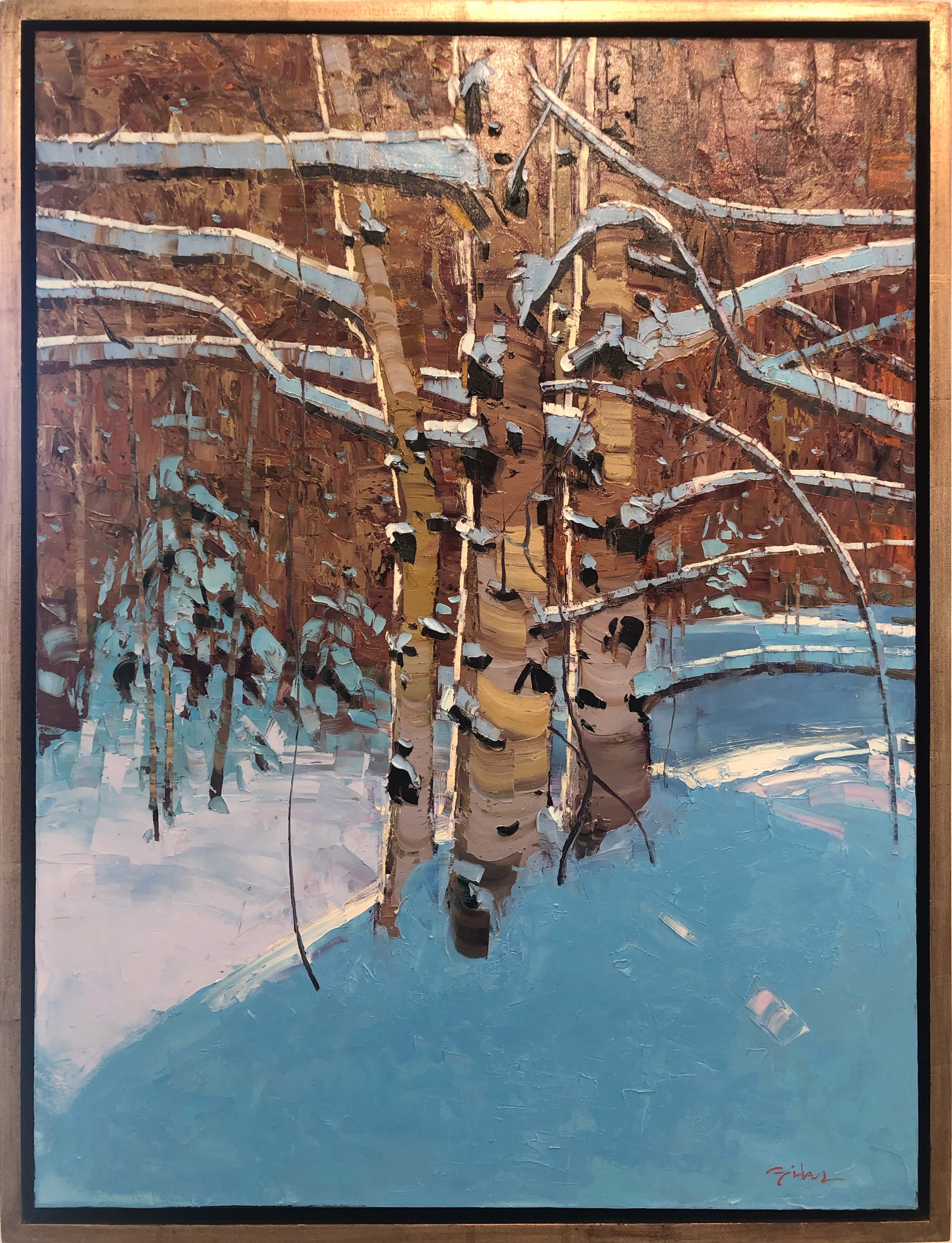 A Contemporary Fine Art Oil Painting By Silas Thompson Featuring A Winter Landscape with Aspens and Pine, Available At Gallery Wild