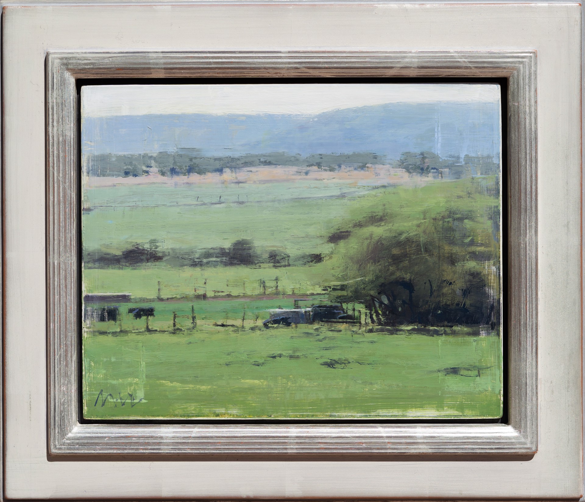 Small Green Landscape with Black Cows by Michael Workman