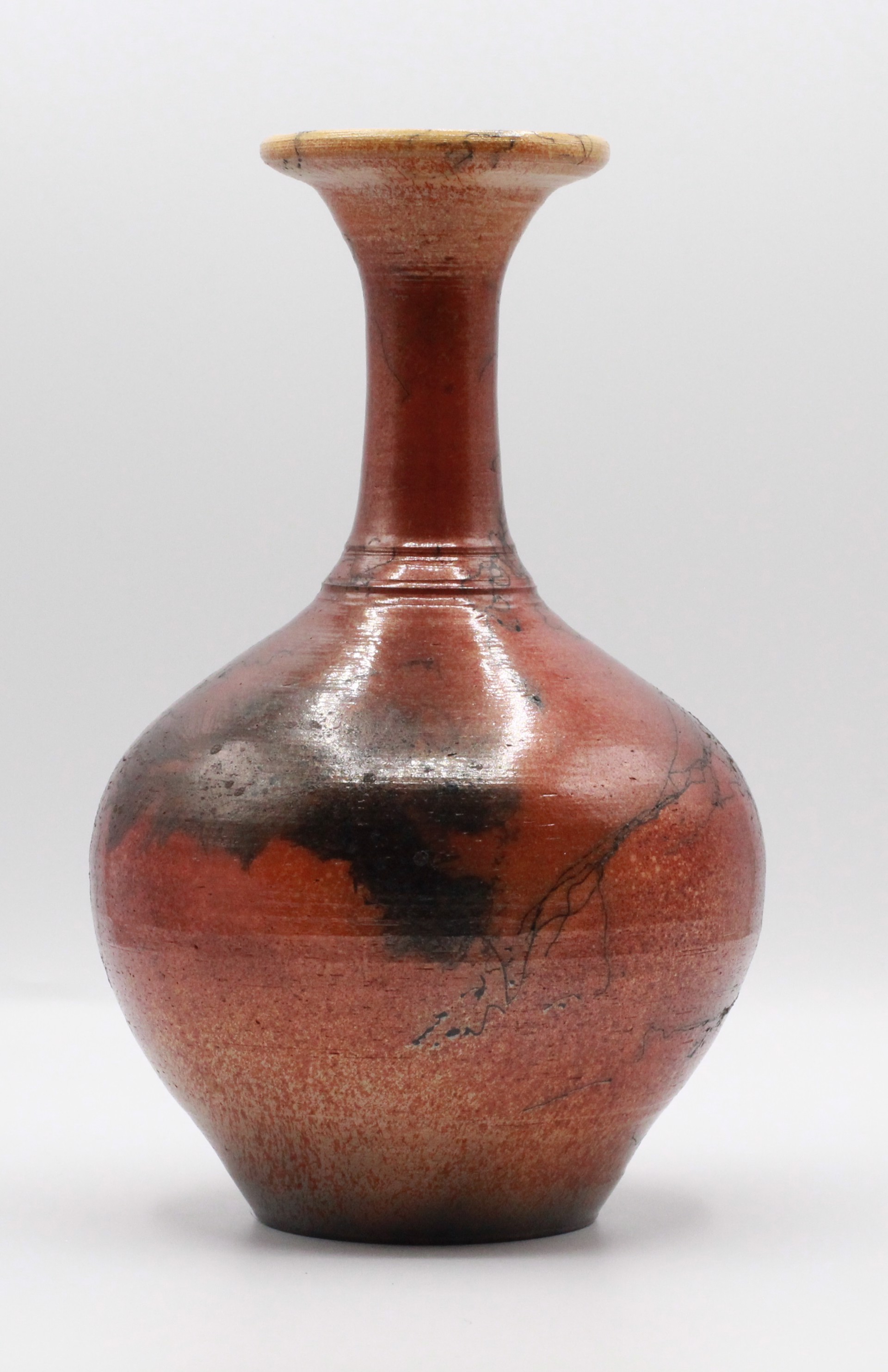 Tall Neck Copper Feather Raku Vase by Kevin Silkwood