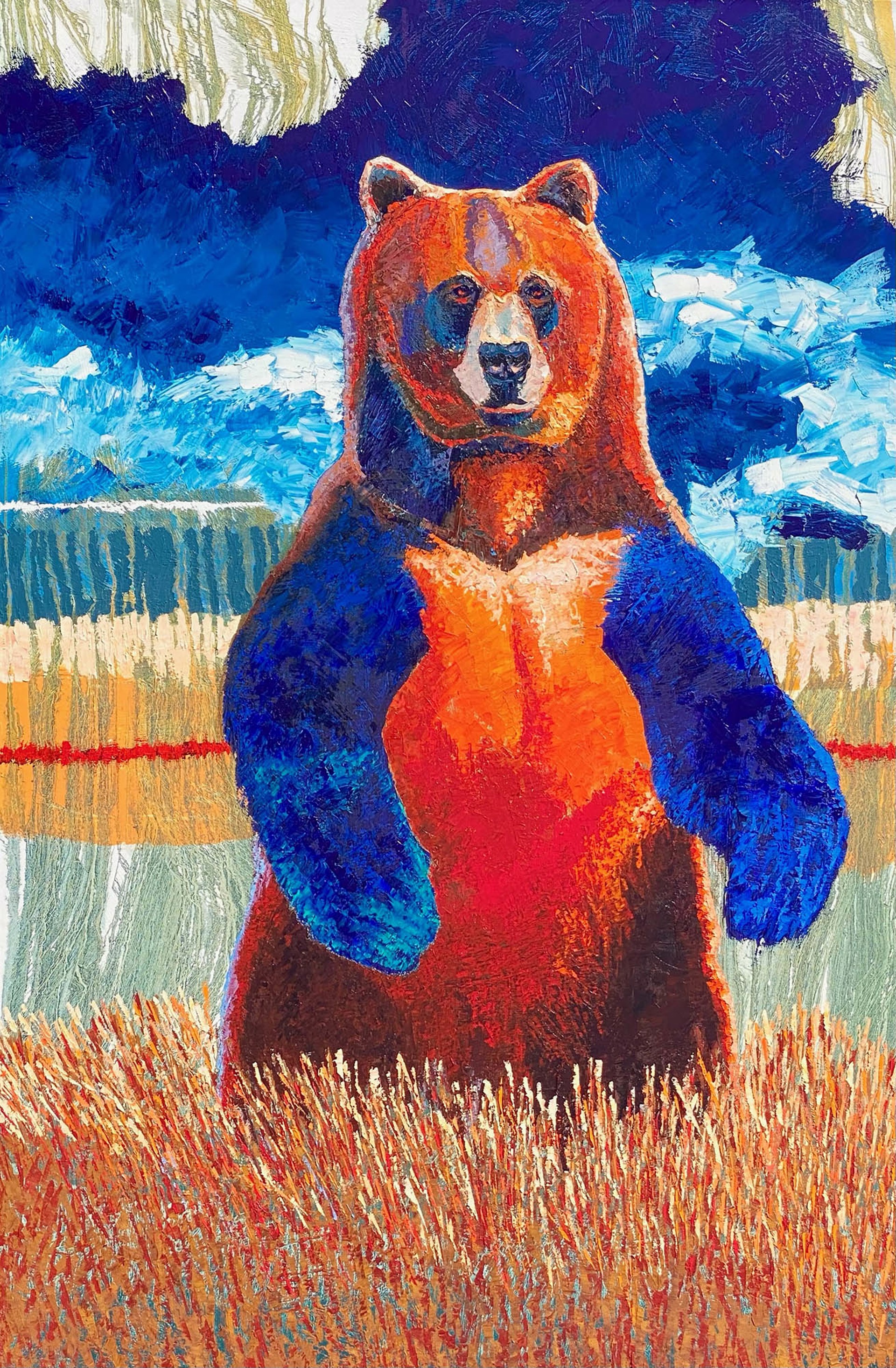 Original Oil Painting Featuring A Standing Grizzly Bear In A Color Block Graphic Style