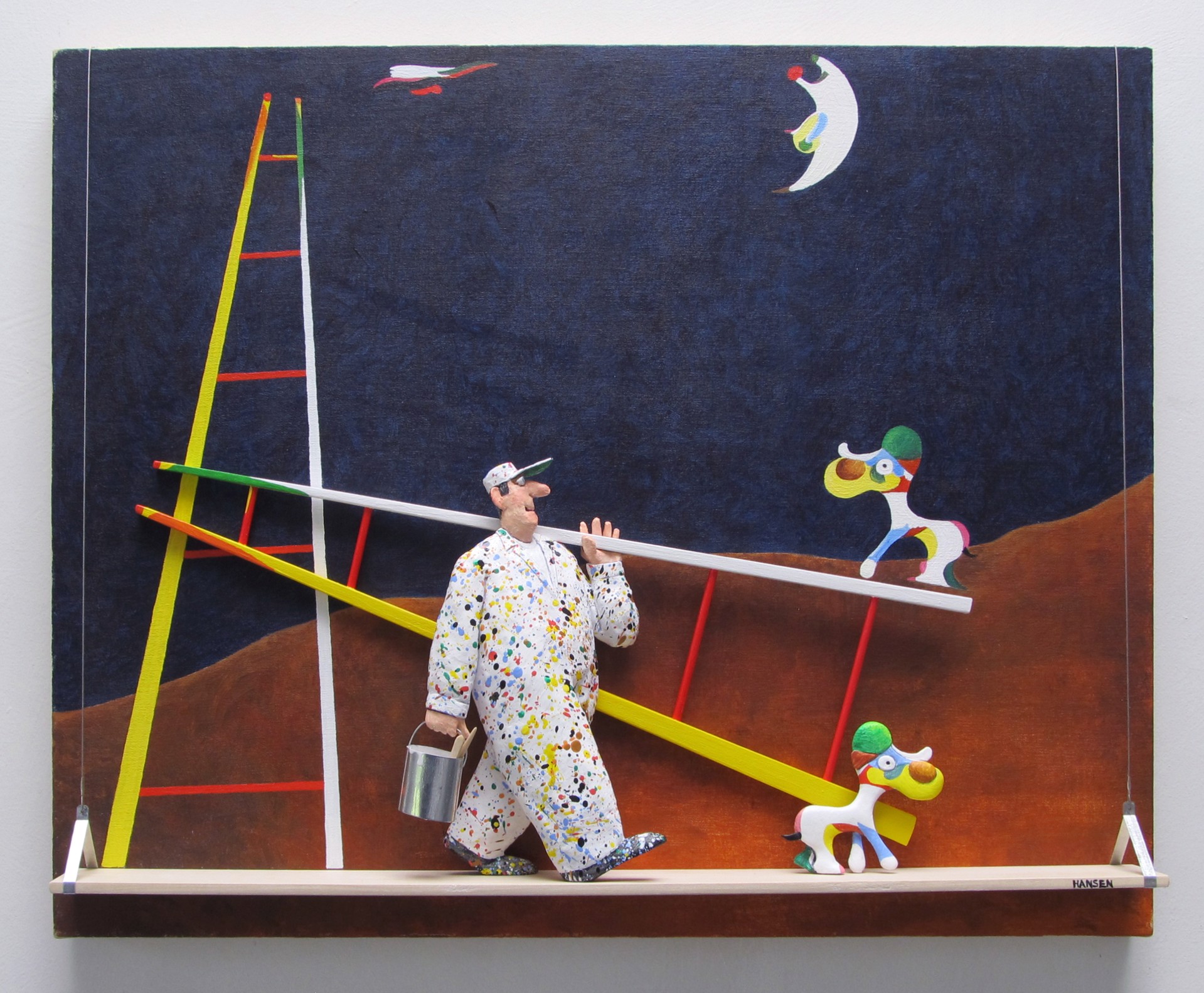Dog Barking at the Moon, 1926 by mixed media artist Stephen Hansen is a playful tribute to Joan Miro's original. Features a 3 dimensional painter and dogs