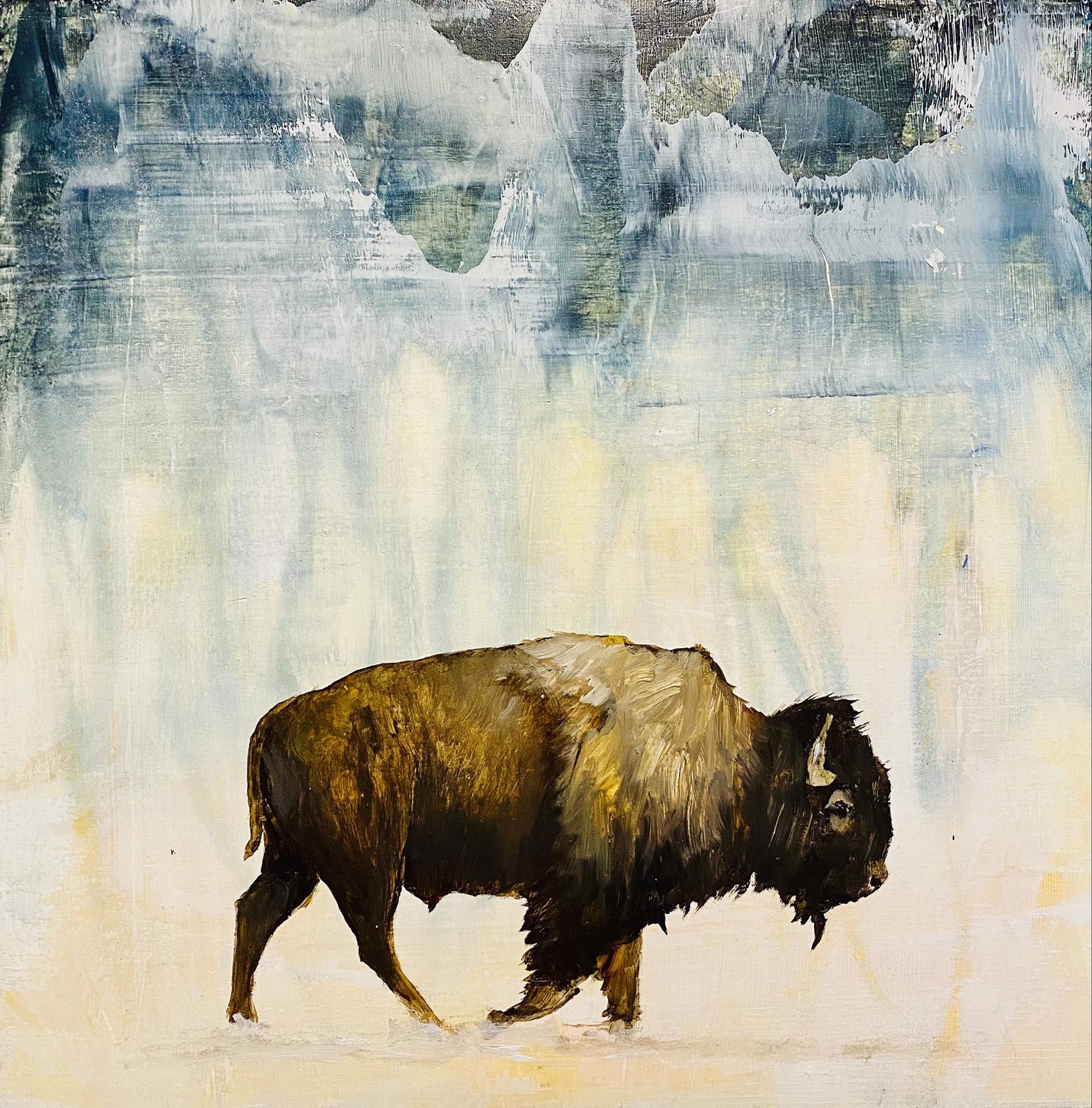 Original Oil Painting Of A Bison Walking On An Abstract Cream And Blue Background By Jenna Von Benedikt