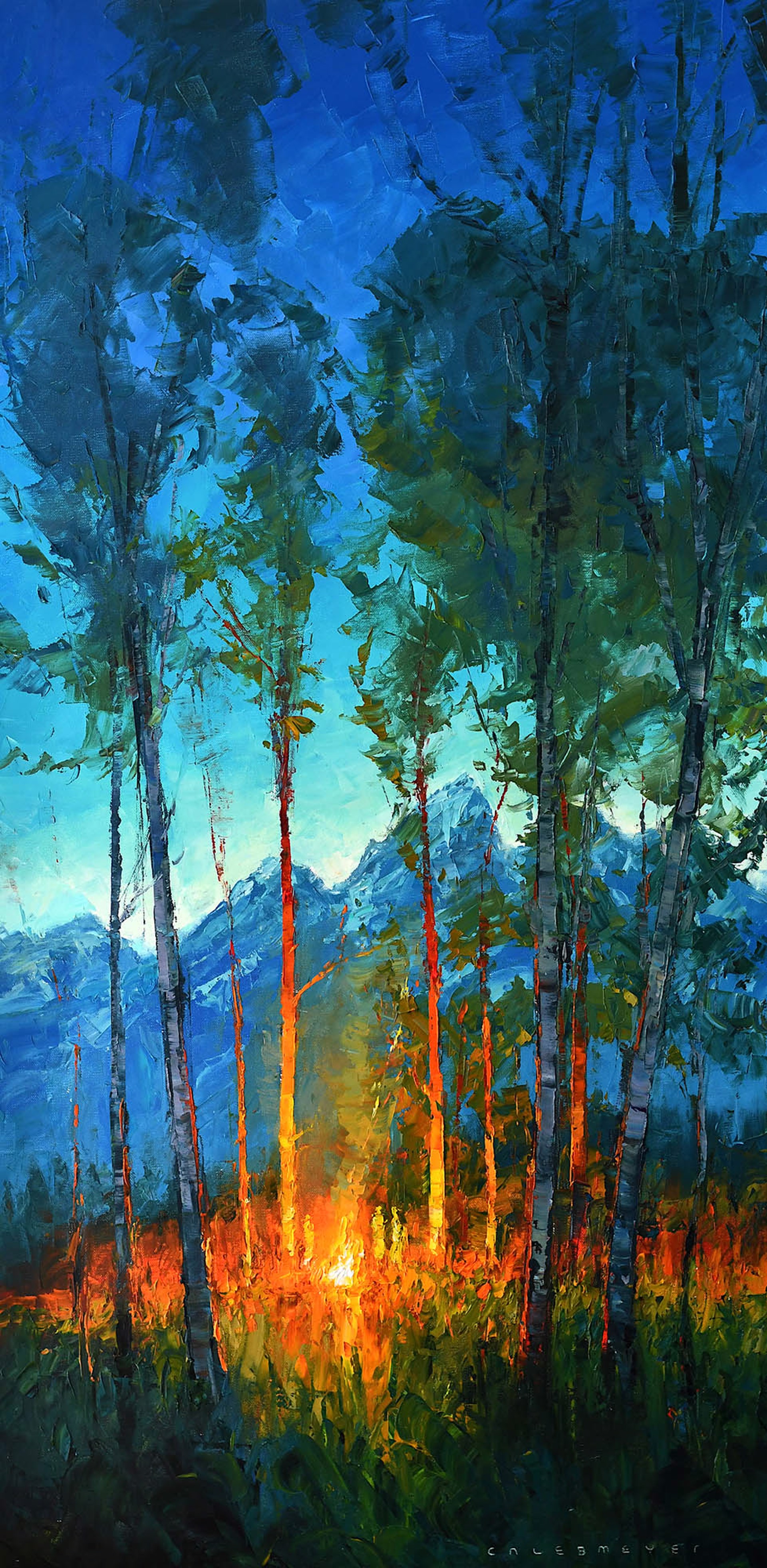 Original Oil Painting Featuring Teton Landscape Through Trees And Bonfire