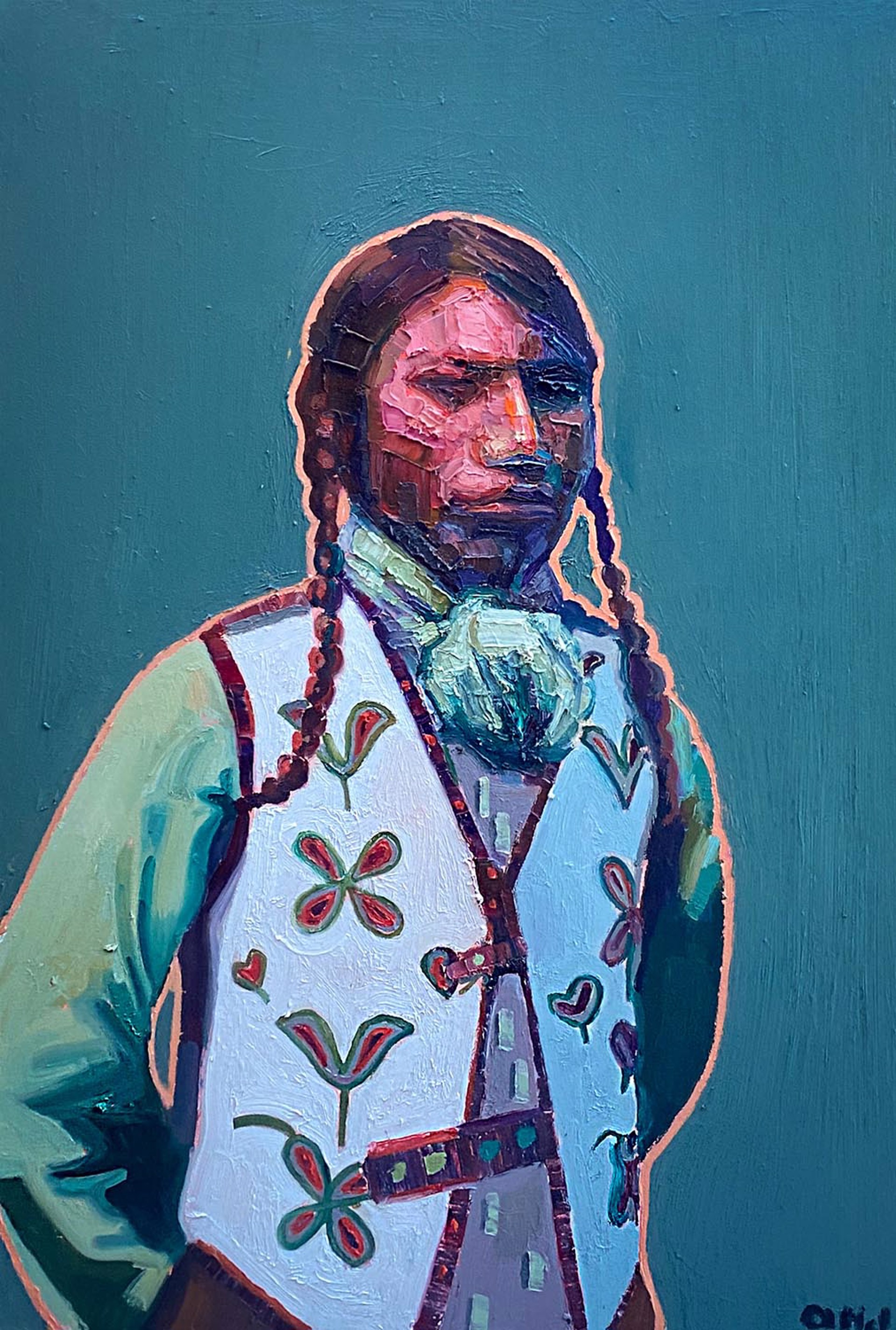 Original Oil Painting By Aaron Hazel Featuring A Portrait Of A Native Figure Over Teal Background