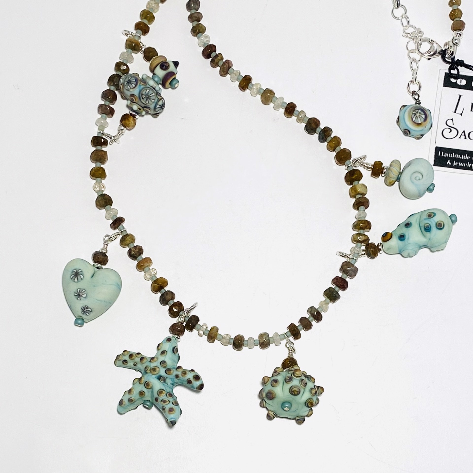 LS23-9A Copper Green and Raku Beach Beads (7) Semi Precious Bead Necklace by Linda Sacra
