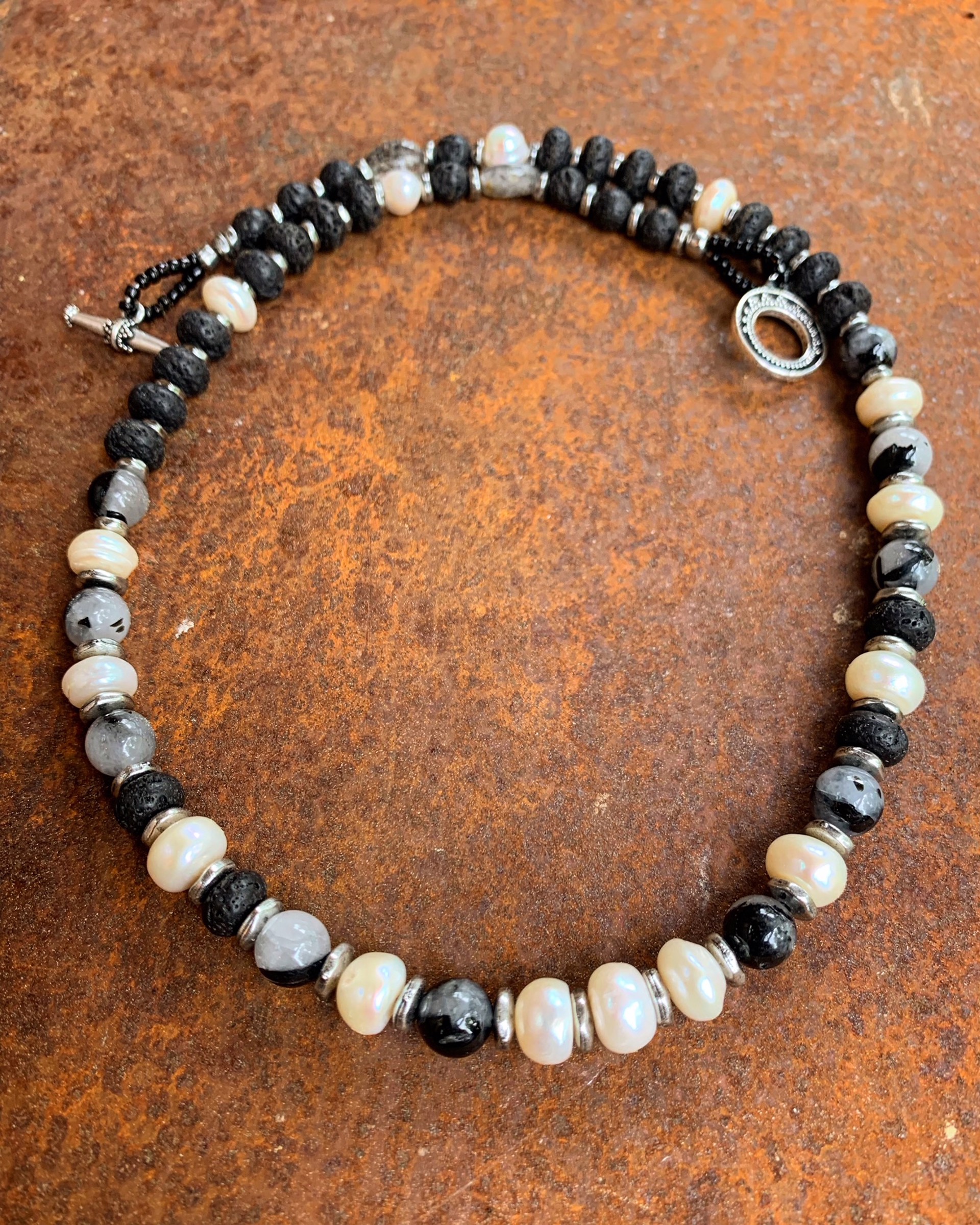 K858 Cultured Pearl Necklace with Lava and Rutilated Quartz by Kelly Ormsby