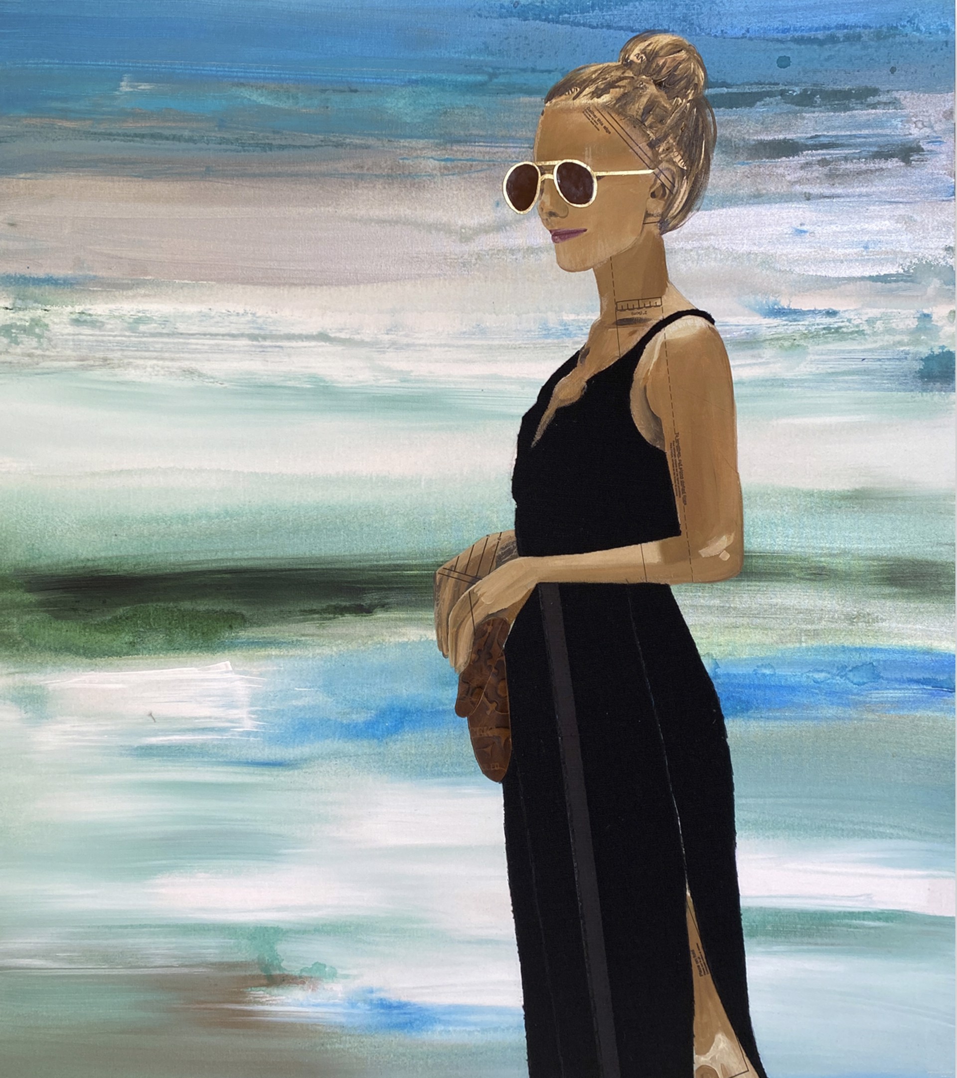 Koa & Ice is a mixed media painting by California artist painter Kelsey Irvin featuring a blonde woman with white glasses on an abstract beach.