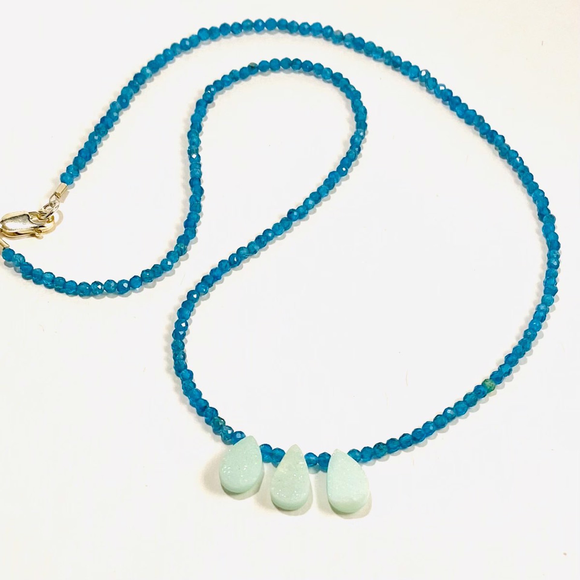 NT22-237  Faceted Tiny Neon Apatite Three Teardrop Druzy Focal Necklace by Nance Trueworthy