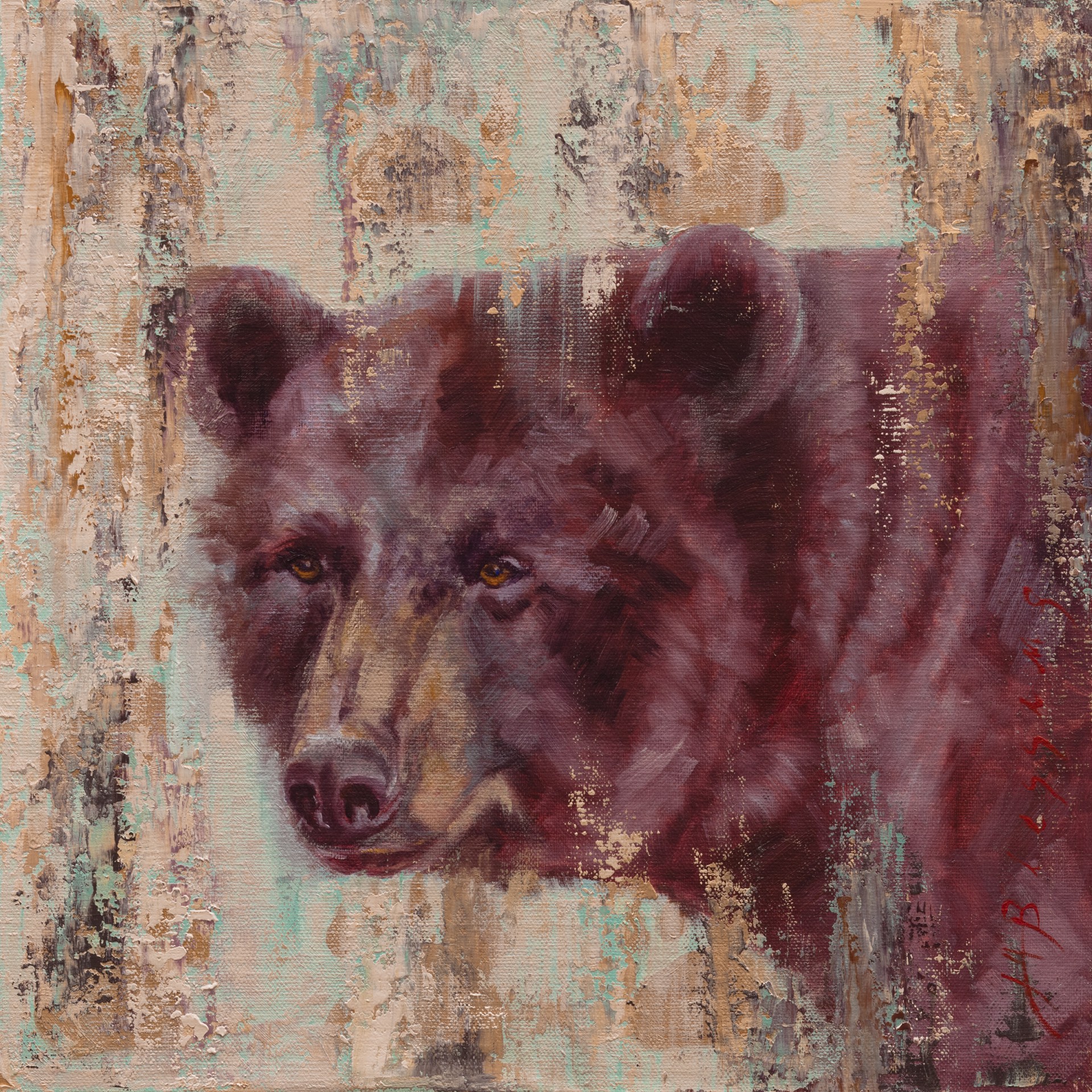 Oil Painting Of A Black Bear On Contemporary Earth Toned Background And Tracks, Fine Art By Meagan Blessing 