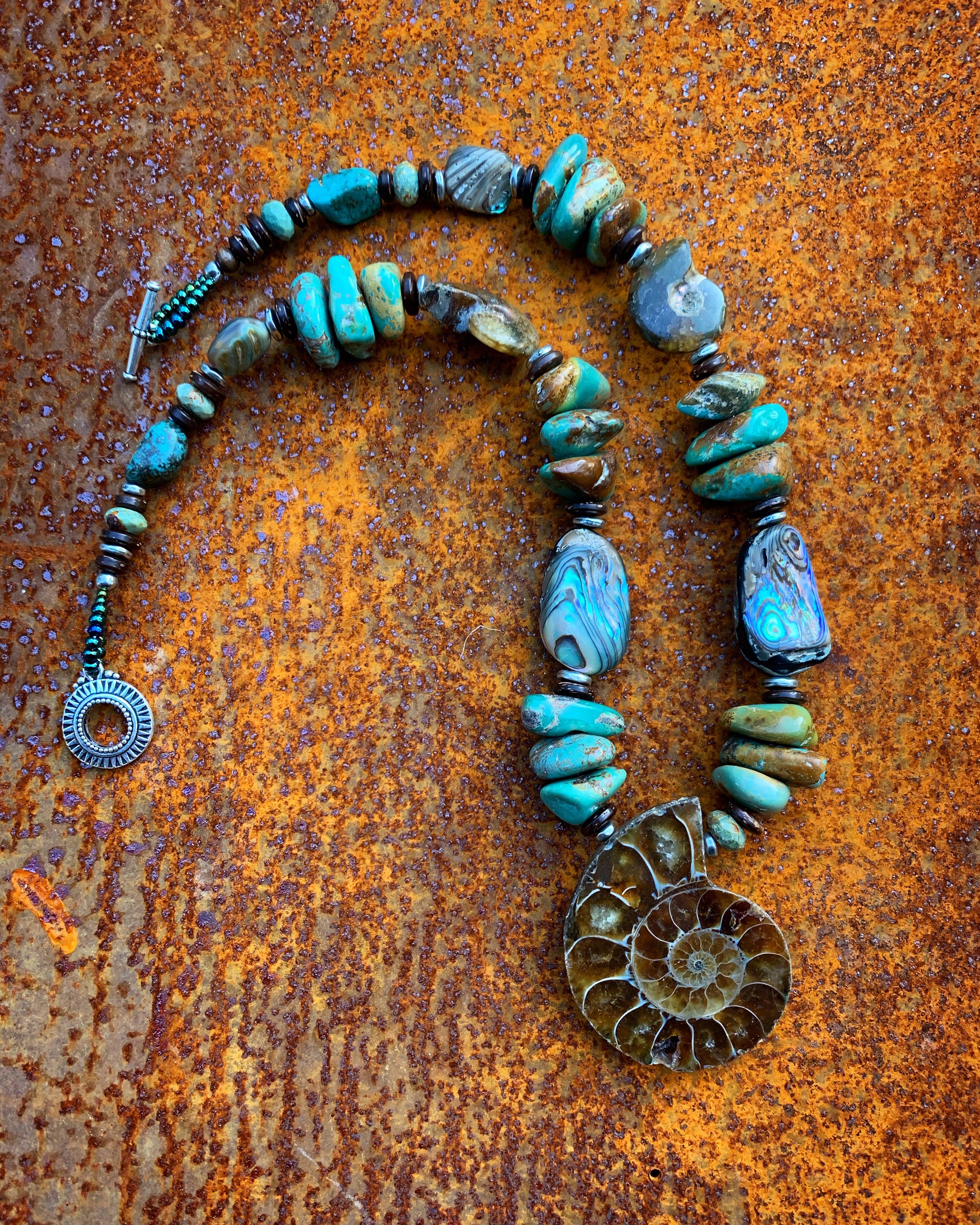 K484 Large Ammonite, Turquoise, and Abalone Necklace by Kelly Ormsby