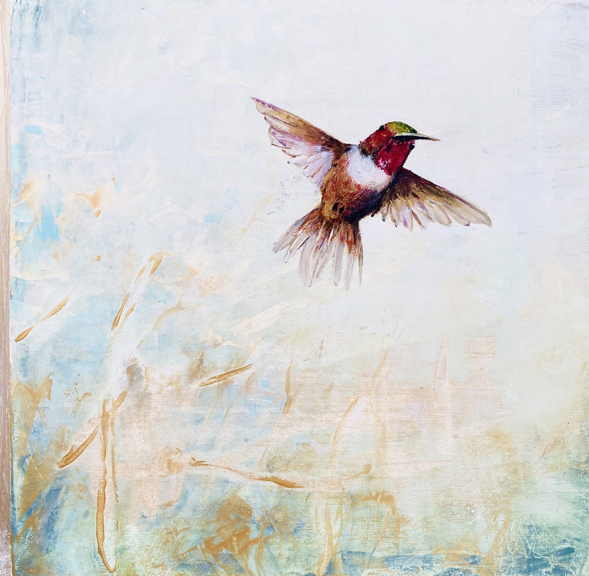 Original Oil Painting Featuring A Red Hummingbird On Abstract Green Blue And Gold Background