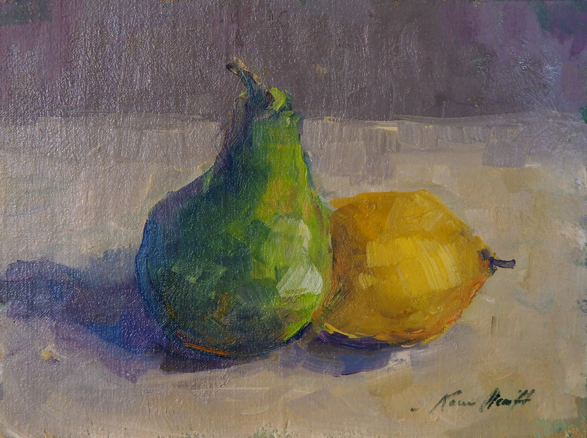 "Pear and Lemon in My New Studio" original oil painting by Karen Hewitt Hagan