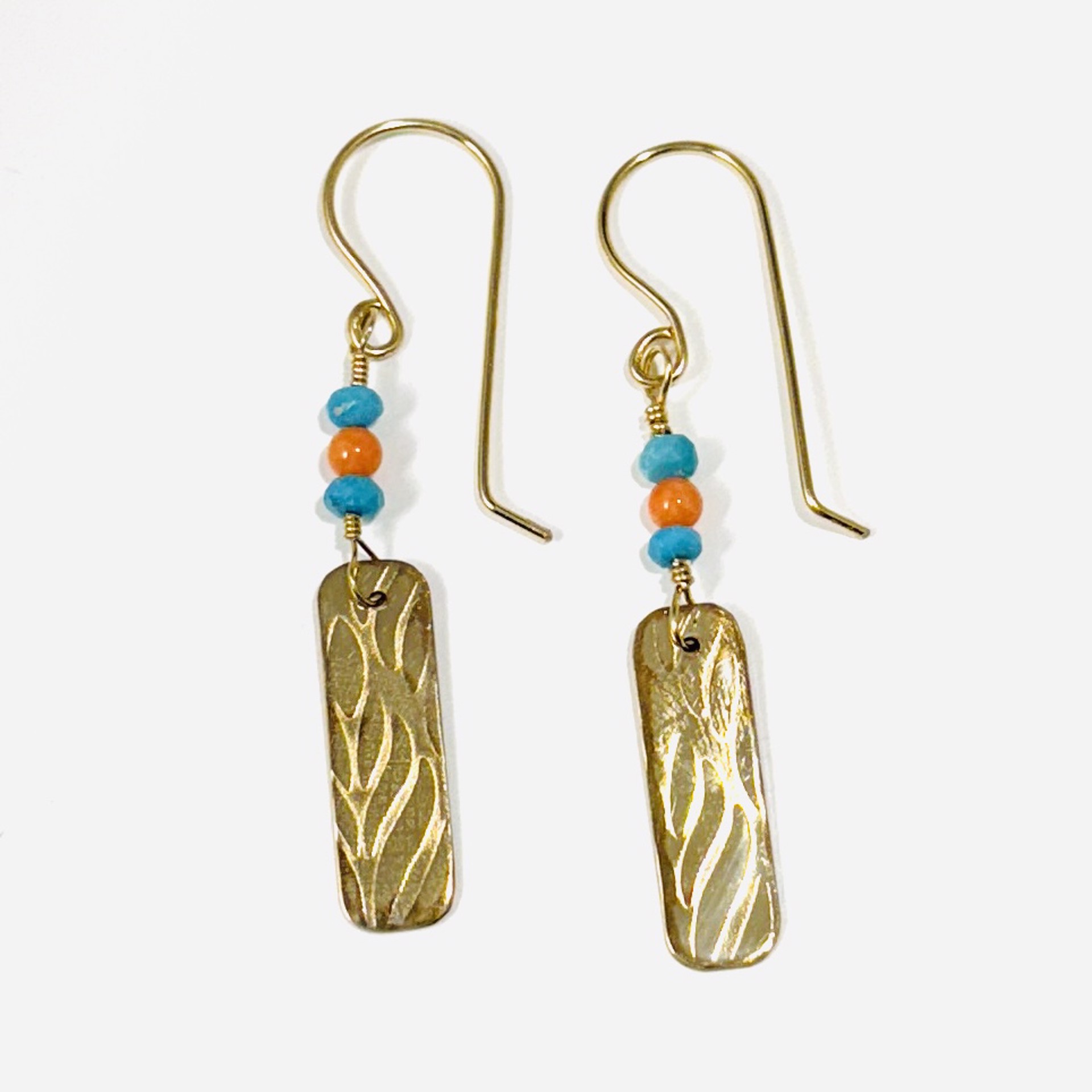Sleeping Beaurty Turquoise, Coral Beads with 14Kgf Paddle Drop Earrings AB23-95 by Anne Bivens