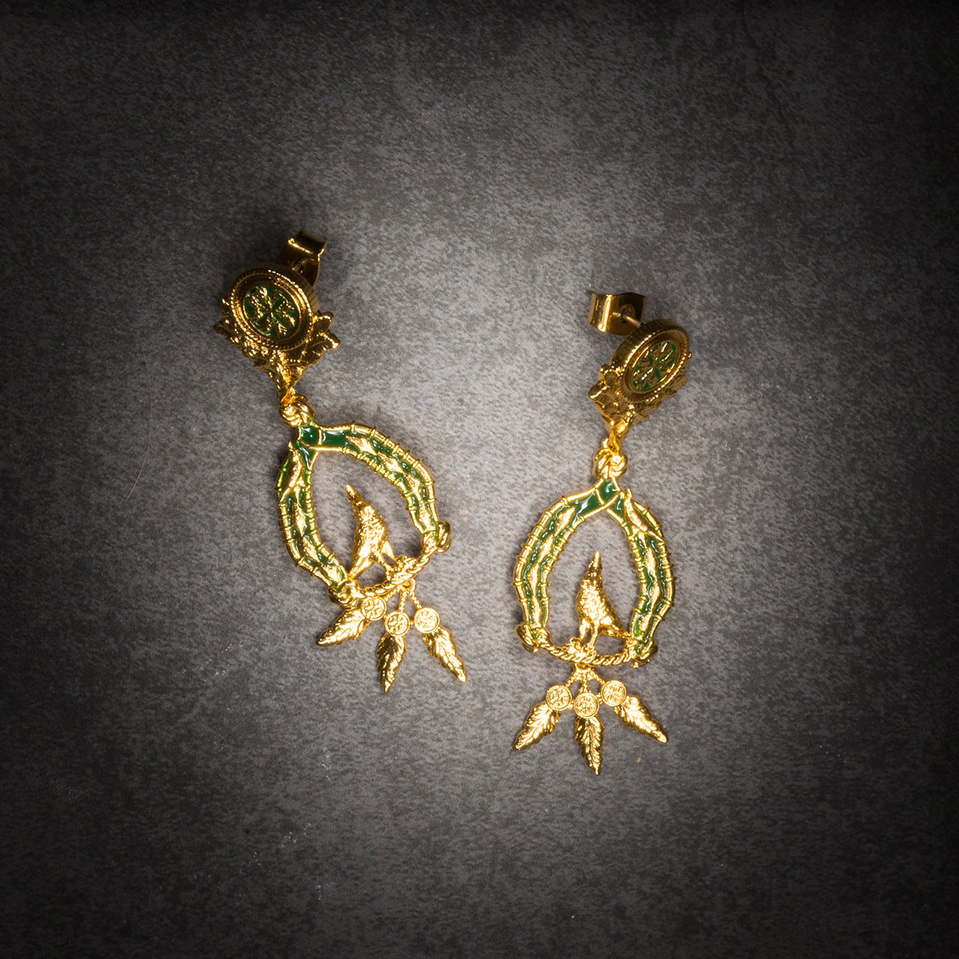 Vigor Earrings with Feathers - Gold & Green by Angela Mia