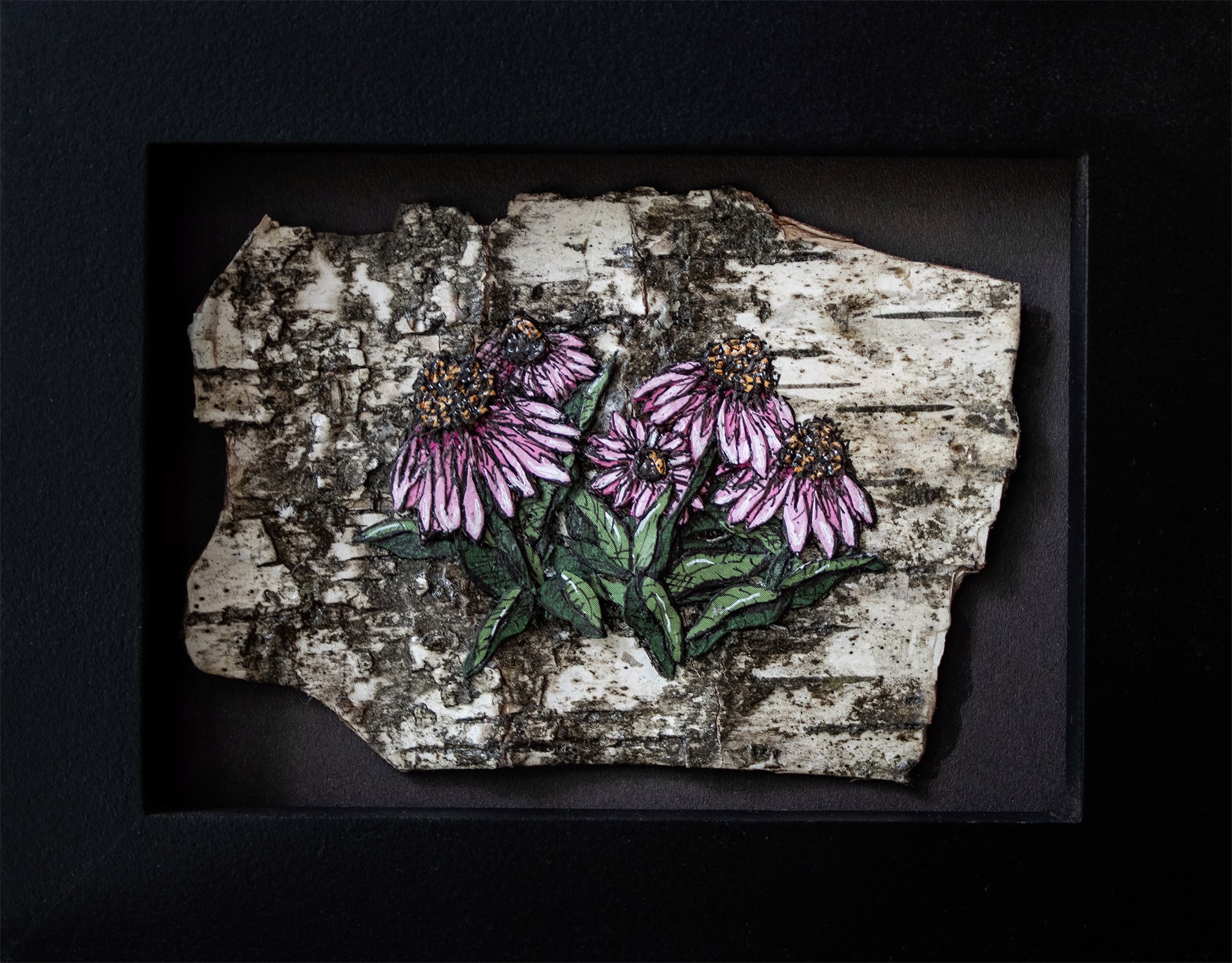 Coneflower Collage on Bark by Willow Bayer