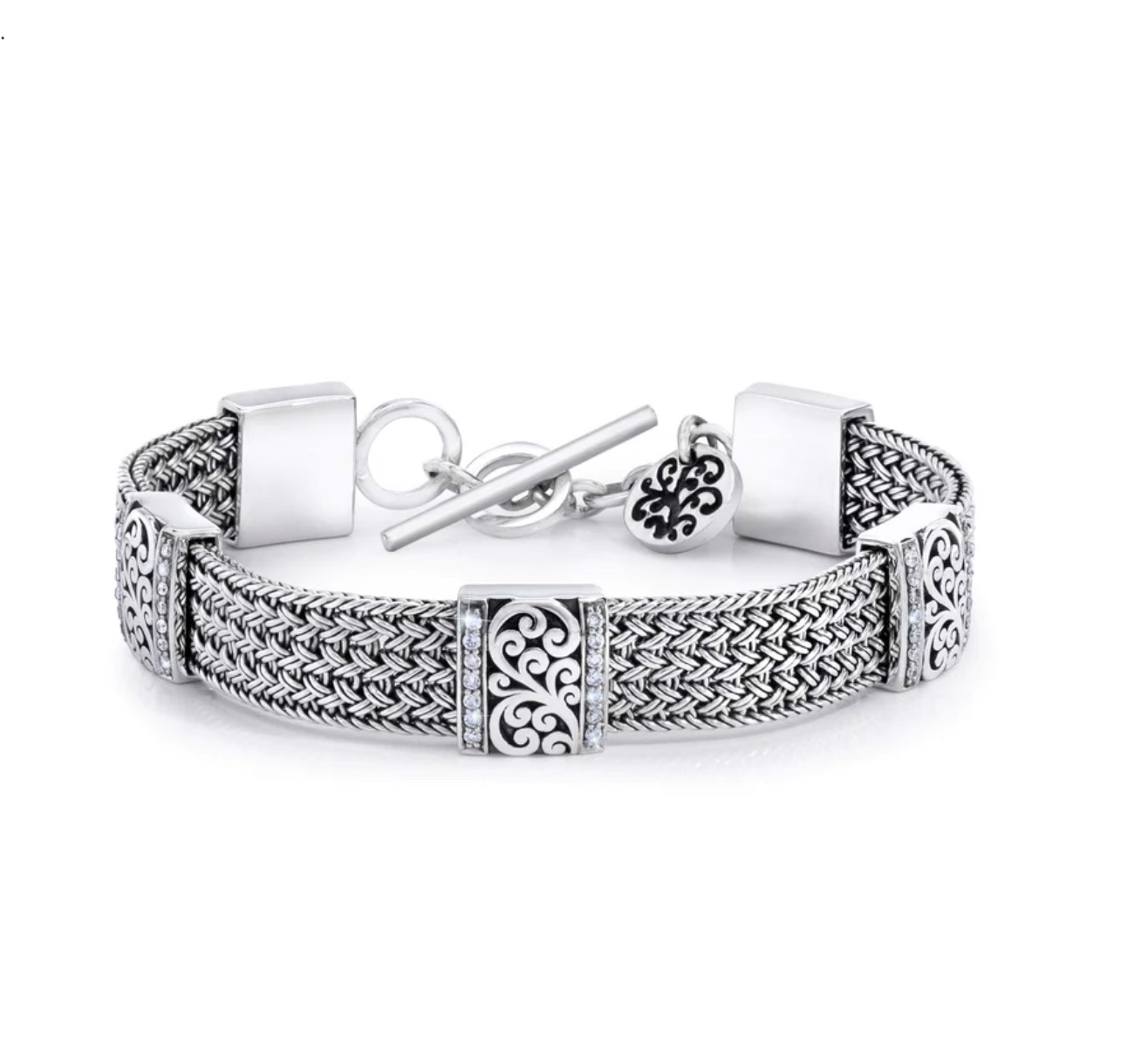 7040 Lois Hill Textile Weave Bracelet and Diamond (0.70 CT) Outline with Classic Signature Lois Hill Scroll ID Stations (61mm*47mm) by Lois Hill