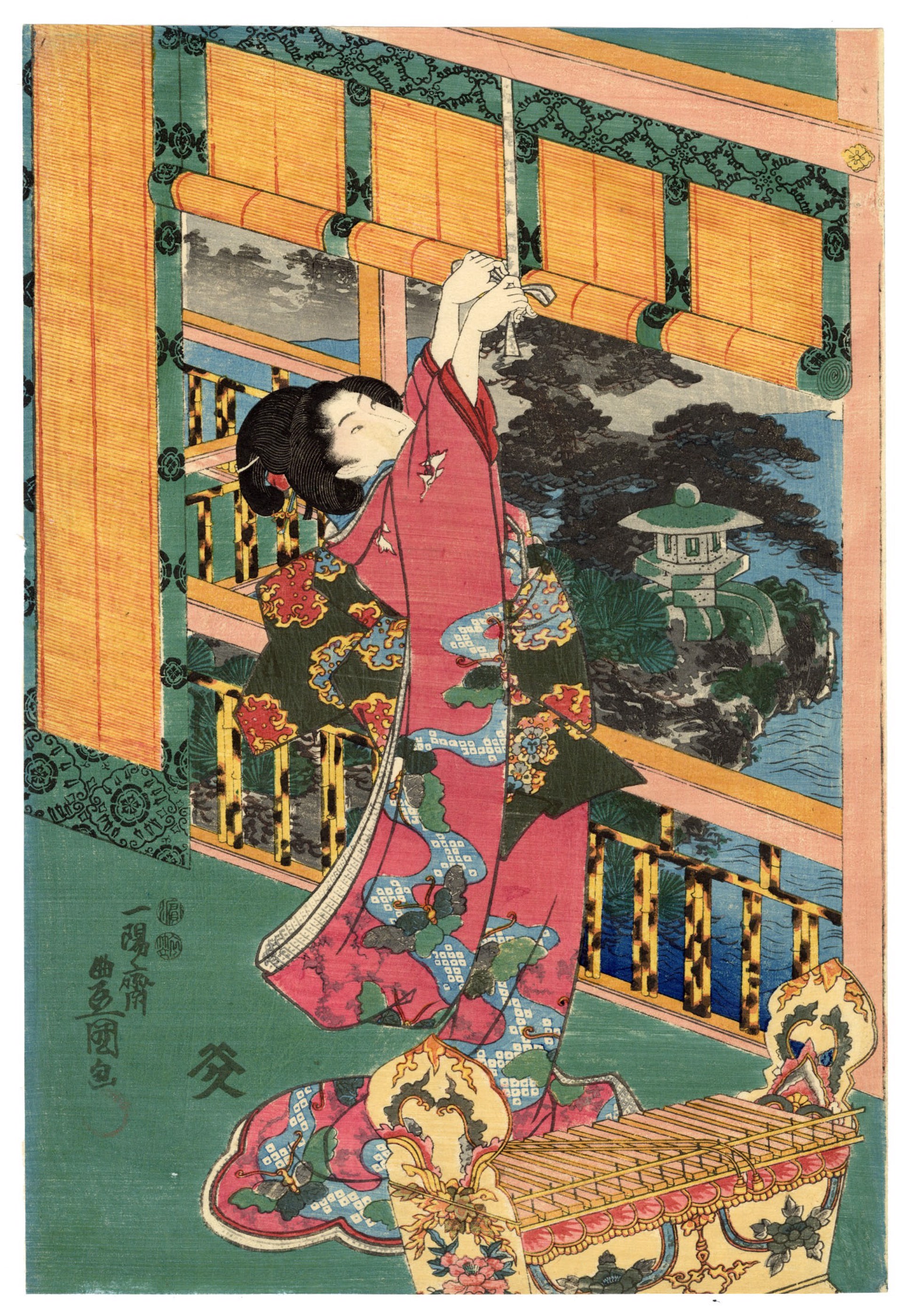 Moon Flowers and Birds, Wind and Moon by Kunisada