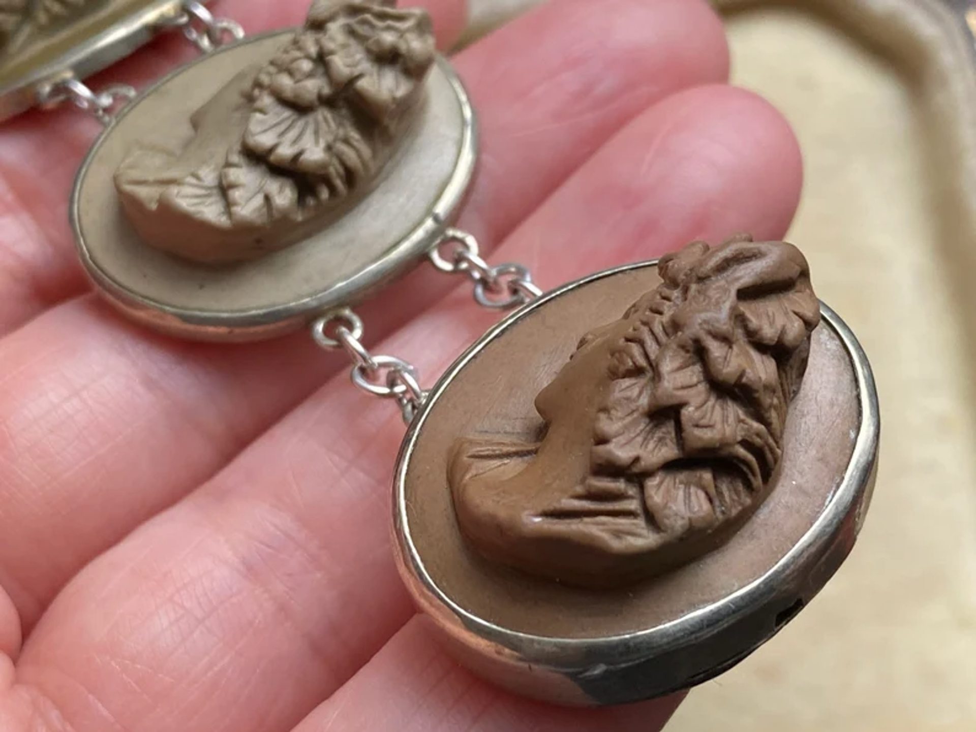 Antique Victorian large high relief multi-goddess bust specimen carved lava cameo bracelet by Cameo