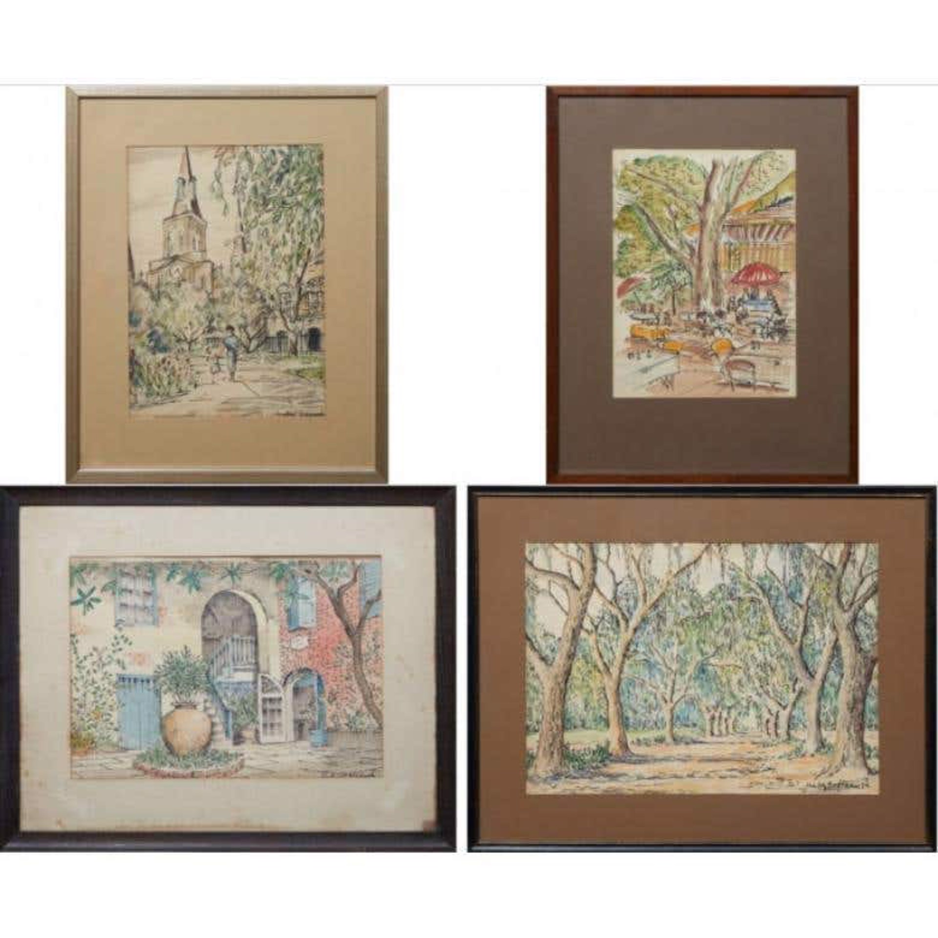 Four Original New Orleans Watercolor Scenes by Hubert Hanush