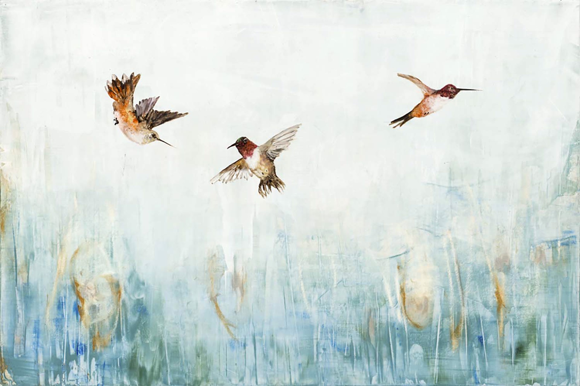 Oil On Panel By Jenna Von Benedikt Featuring Three Hummingbirds Against A Subtle Blue and White Abstract Background 