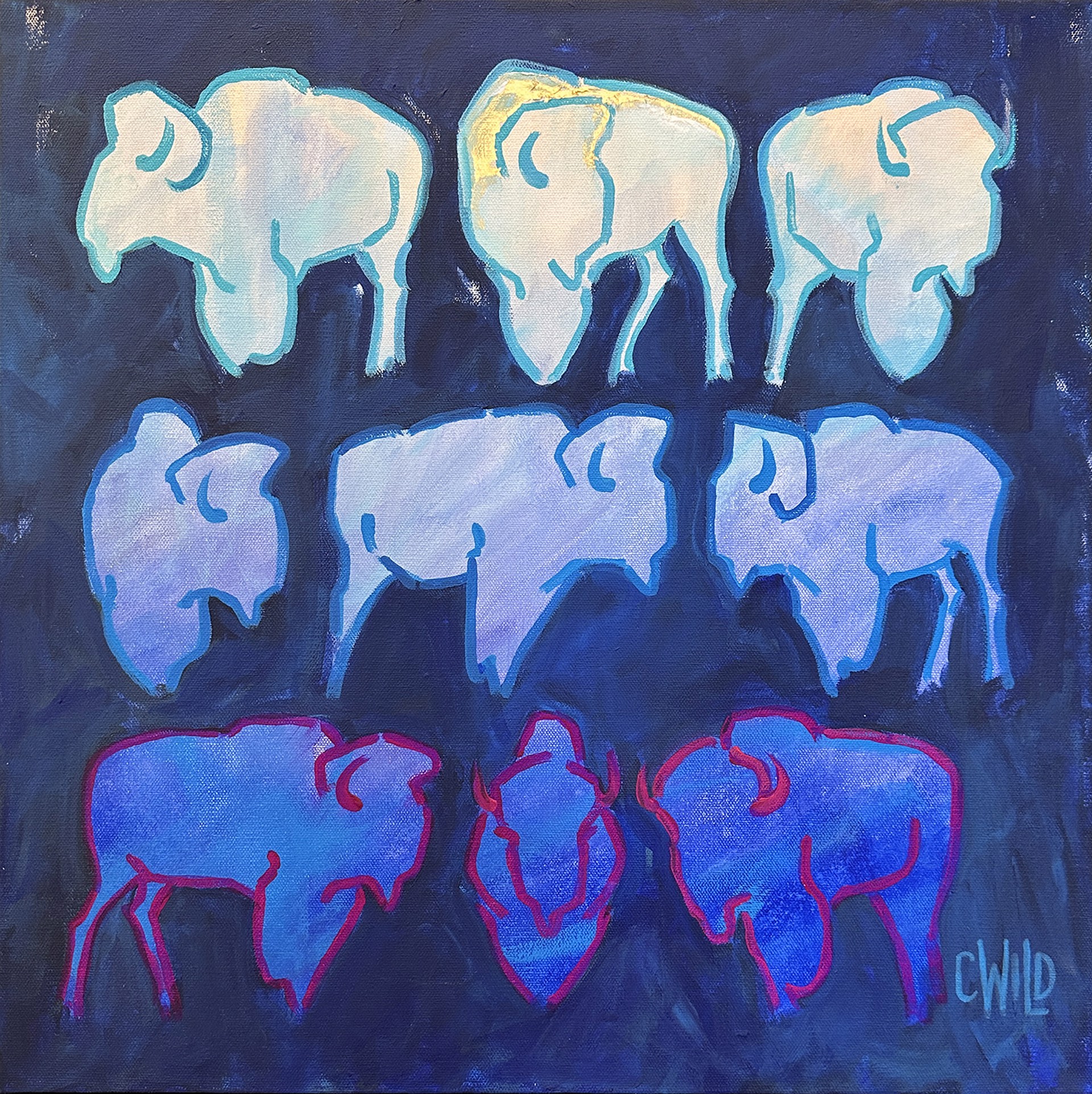 Original Acrylic Painting By Carrie Wild Featuring Three Rows Of Outlined Bison Over Abstract Background In Blues