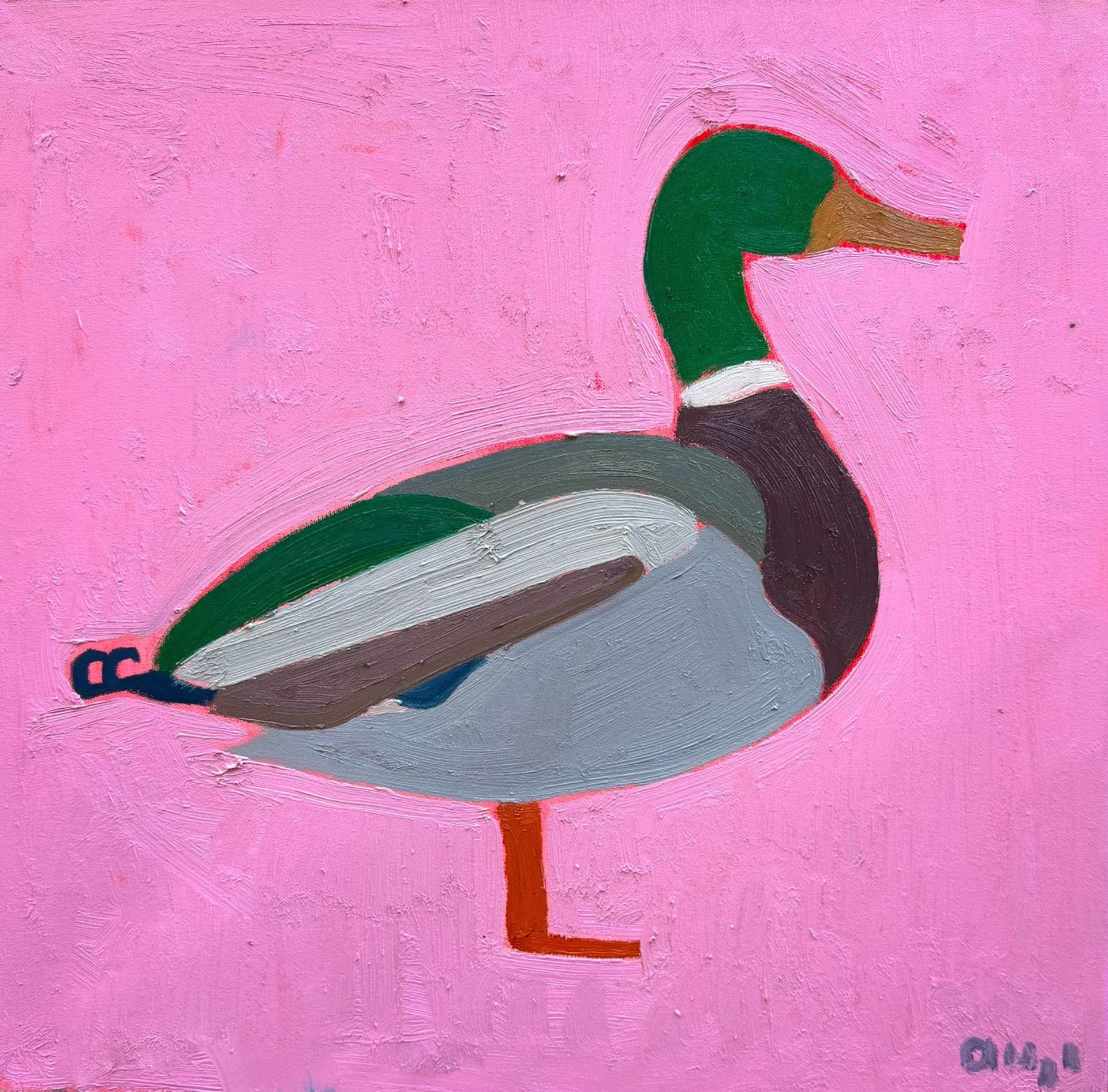 Original Oil Painting By Aaron Hazel Featuring A Mallard Duck Painted On Top Of Bubblegum Pink Background