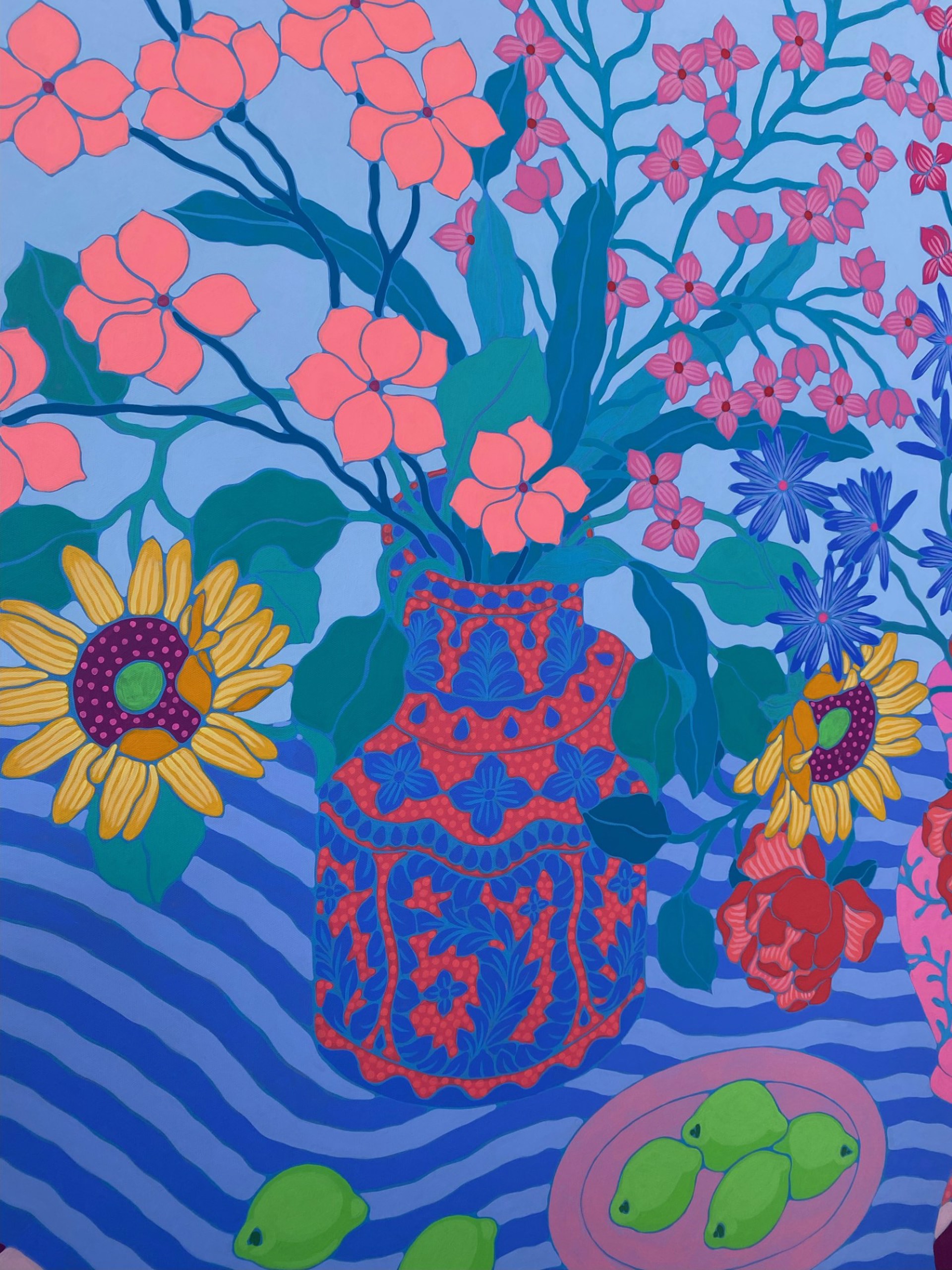 Three Bouquets on Striped Rug by Sarah Ingraham