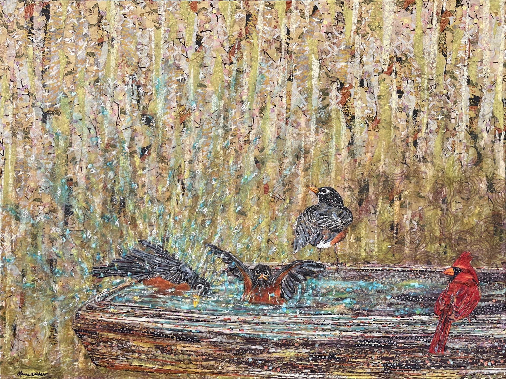 Splashing Robins and Friend by Laura Adams