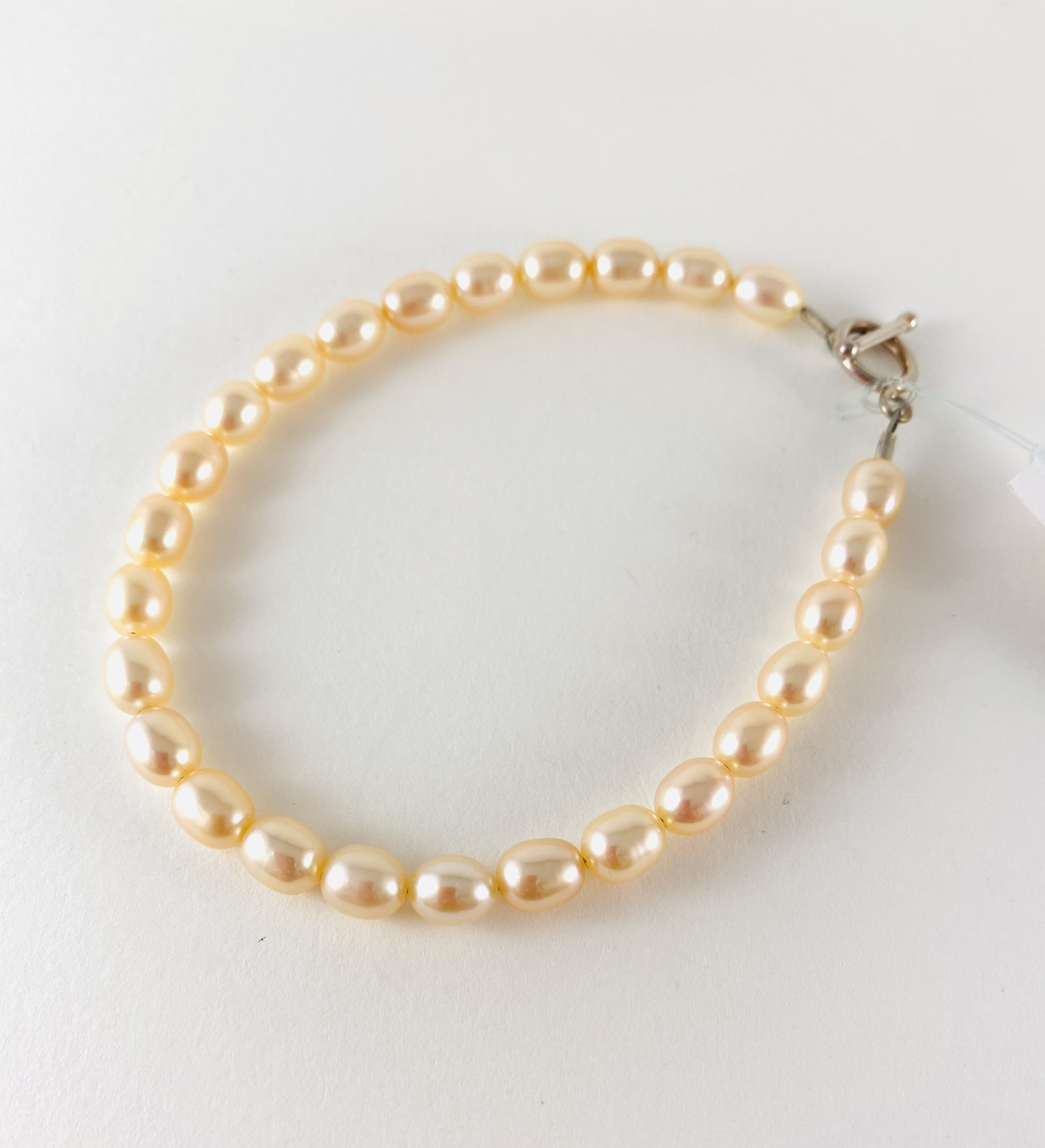 Peach Pearl Bracelet, toggle clasp P5 by Nance Trueworthy