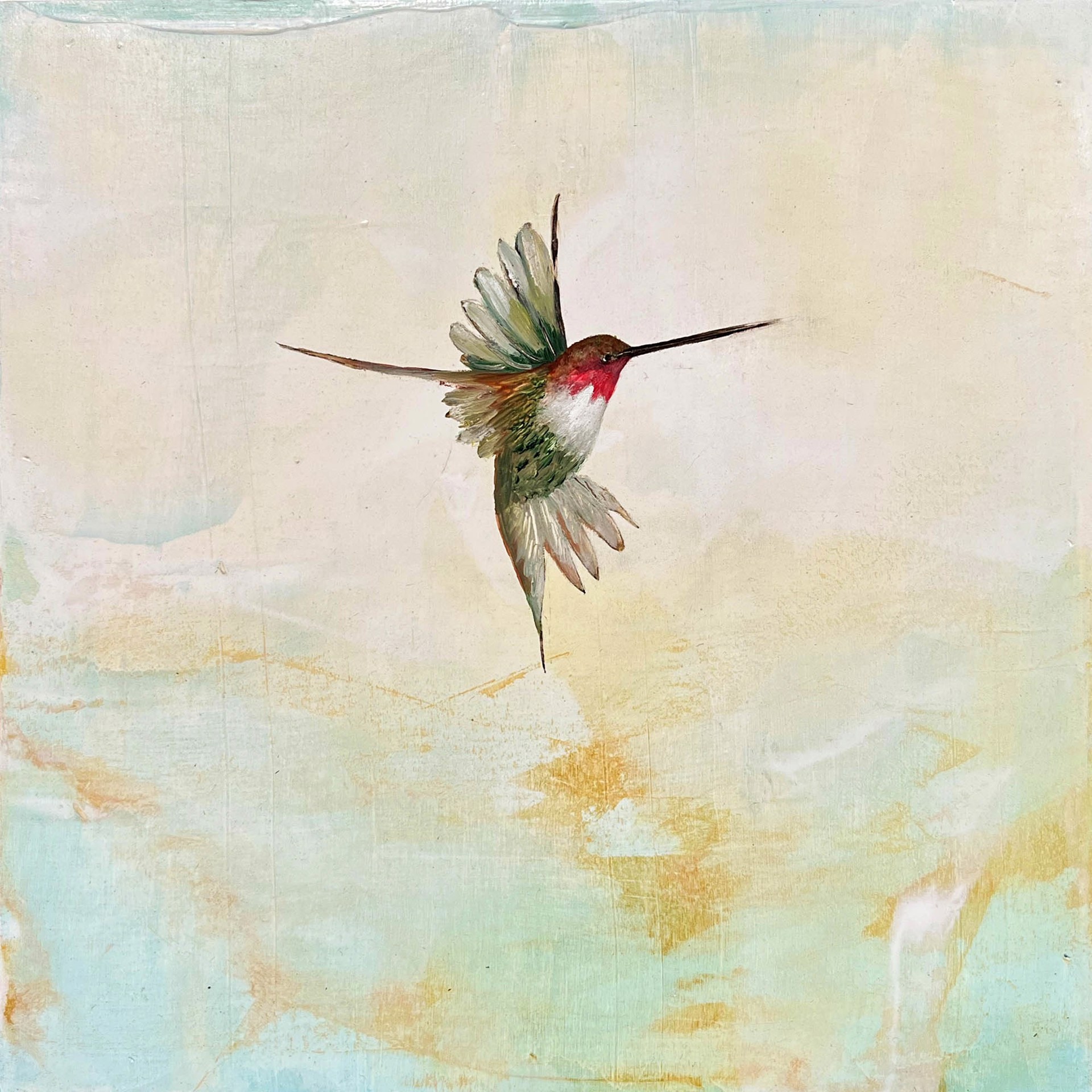 Original Oil Painting Featuring A Single Hummingbird Over Abstract Green And Gold Background