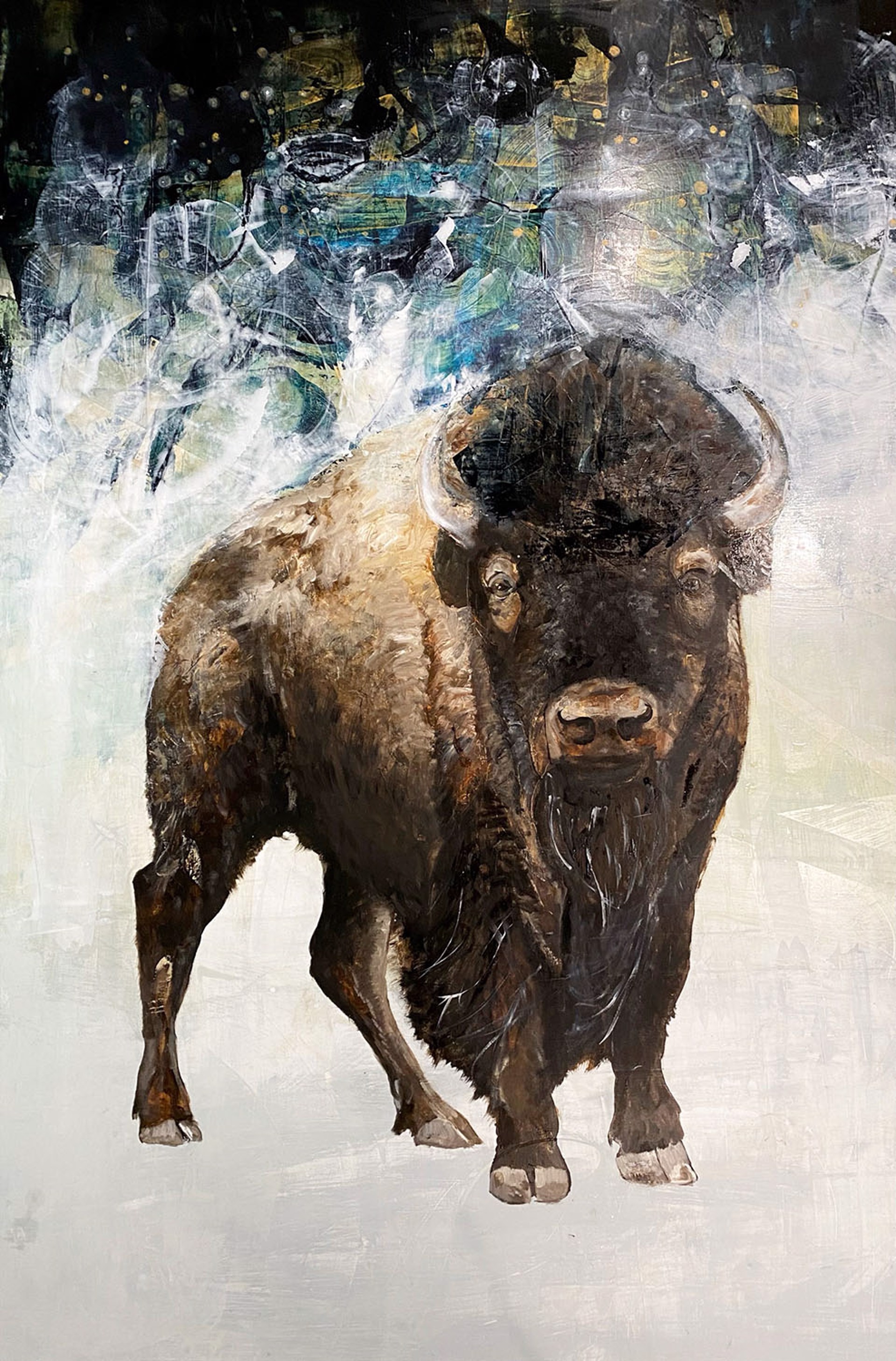 A Contemporary Painting Of A Bison Standing On A Black, White, And Blue Abstract Background By Jenna Von Benedikt At Gallery Wild