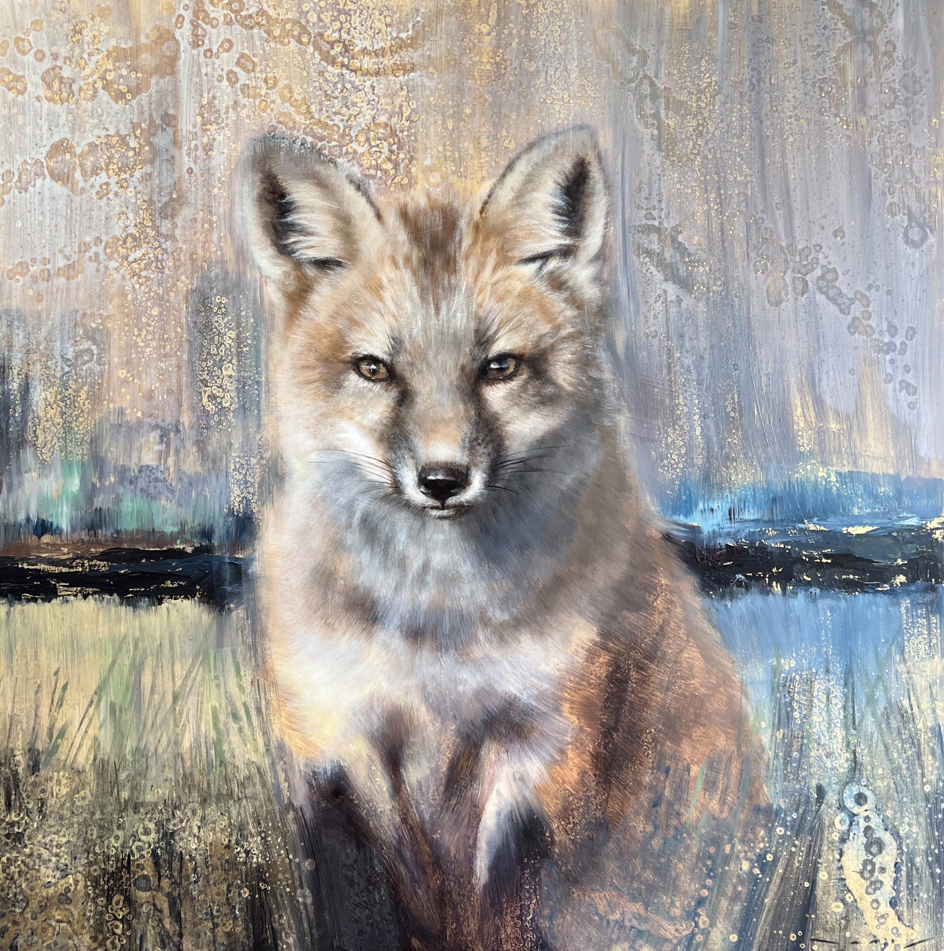 Original Mixed Media Painting By Nealy Riley Featuring A Fox Facing The Viewer Over Abstract Background