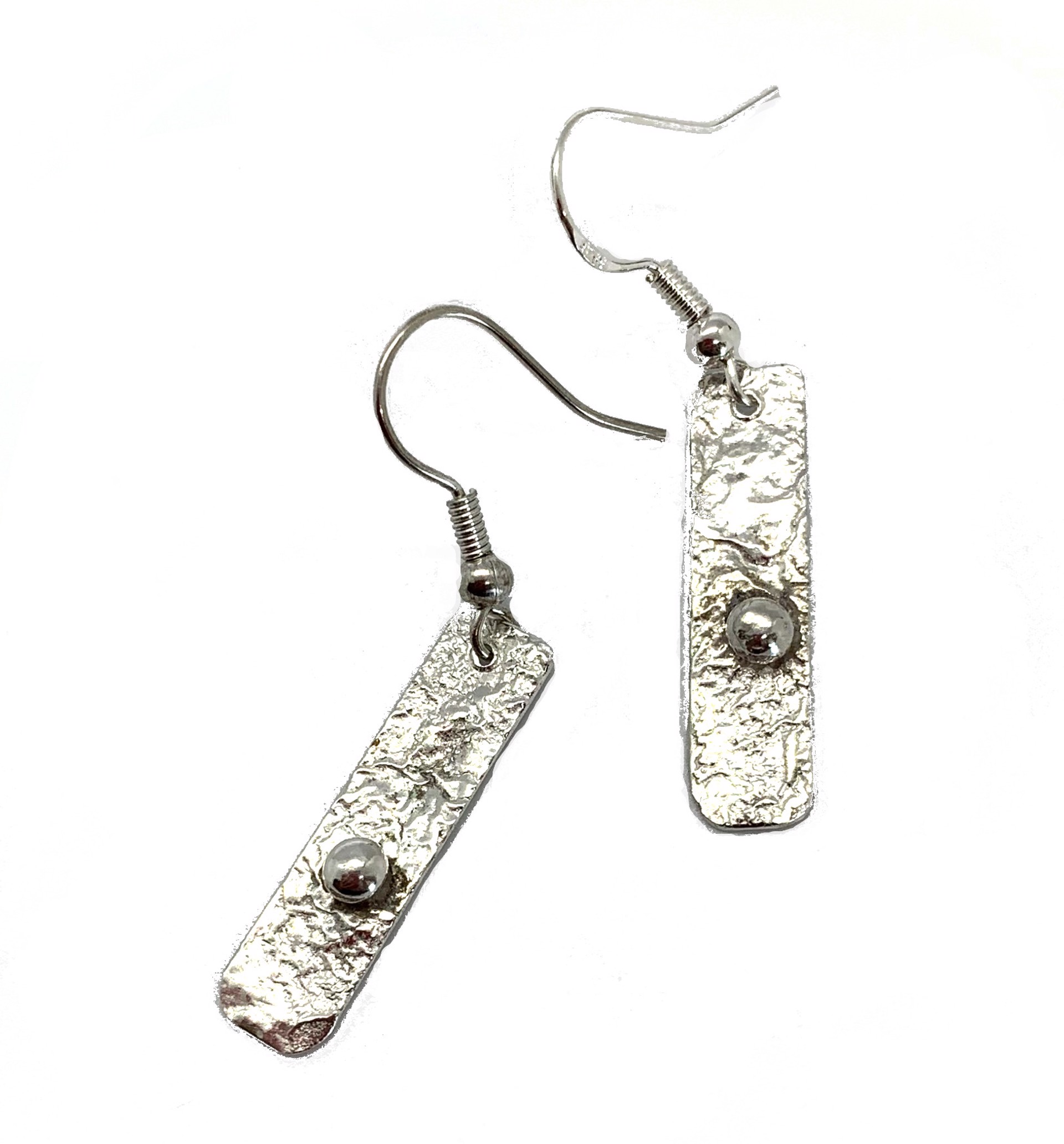 Sterling Silver Narrow Reticulated Rectangular Earrings with Bead by Leslie Eggers