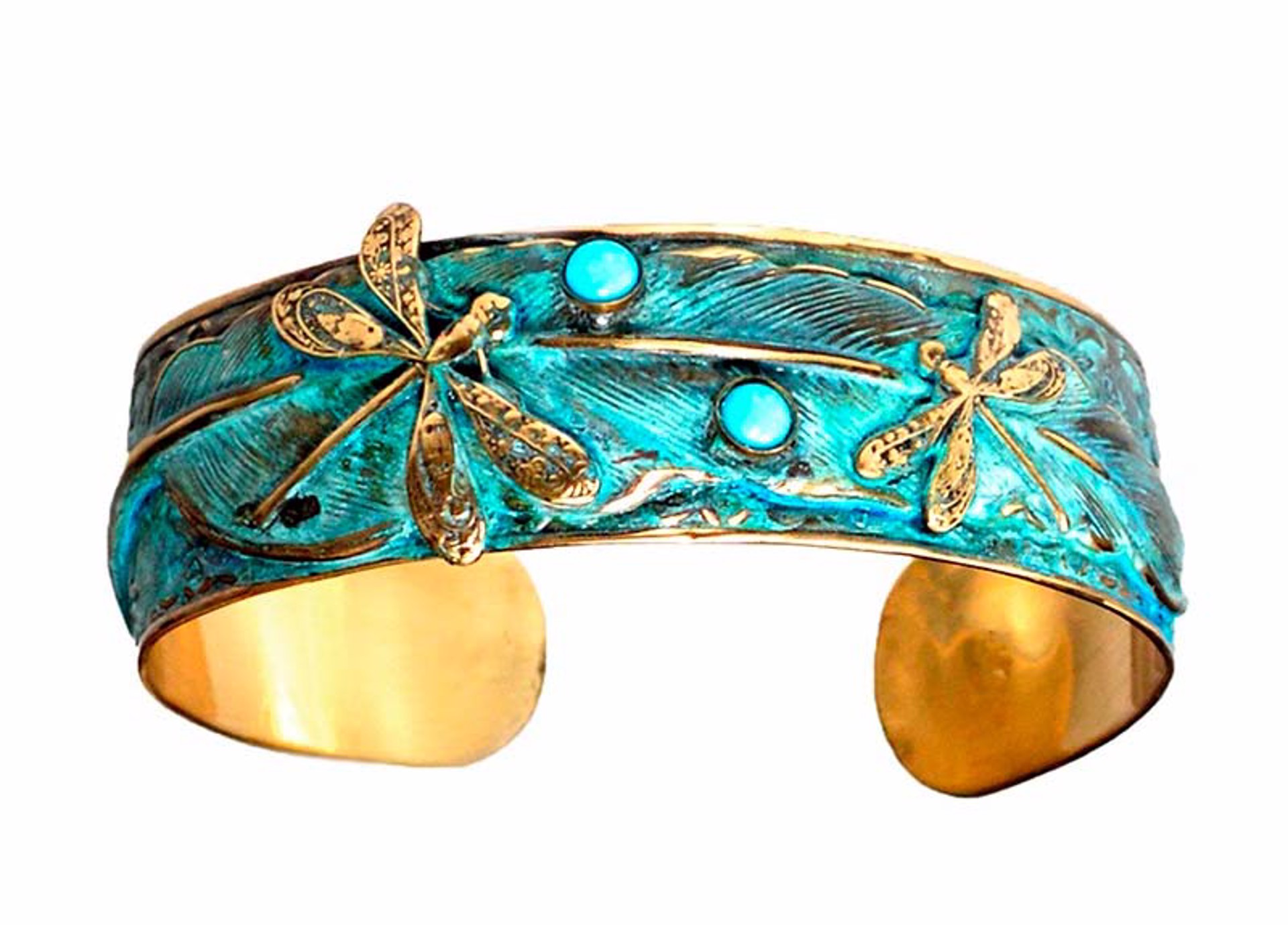 Brass Dragonflies on a Feather Cuff by Elaine Coyne