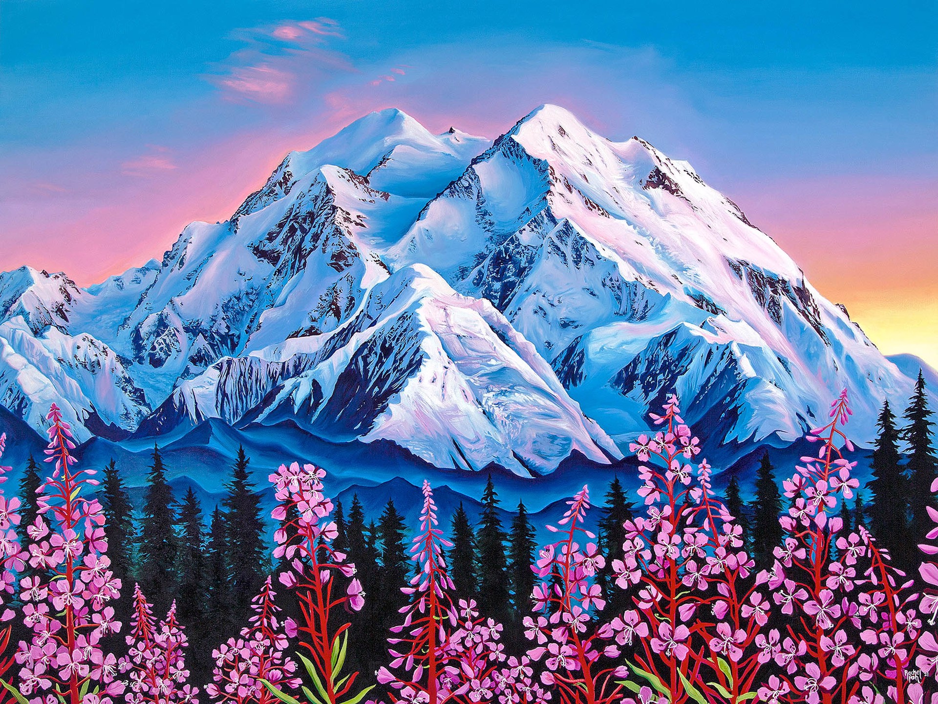 Original Oil Painting Featuring A Snow-covered Mountain Peak Over Sunset Sky With Fireweed In Foreground