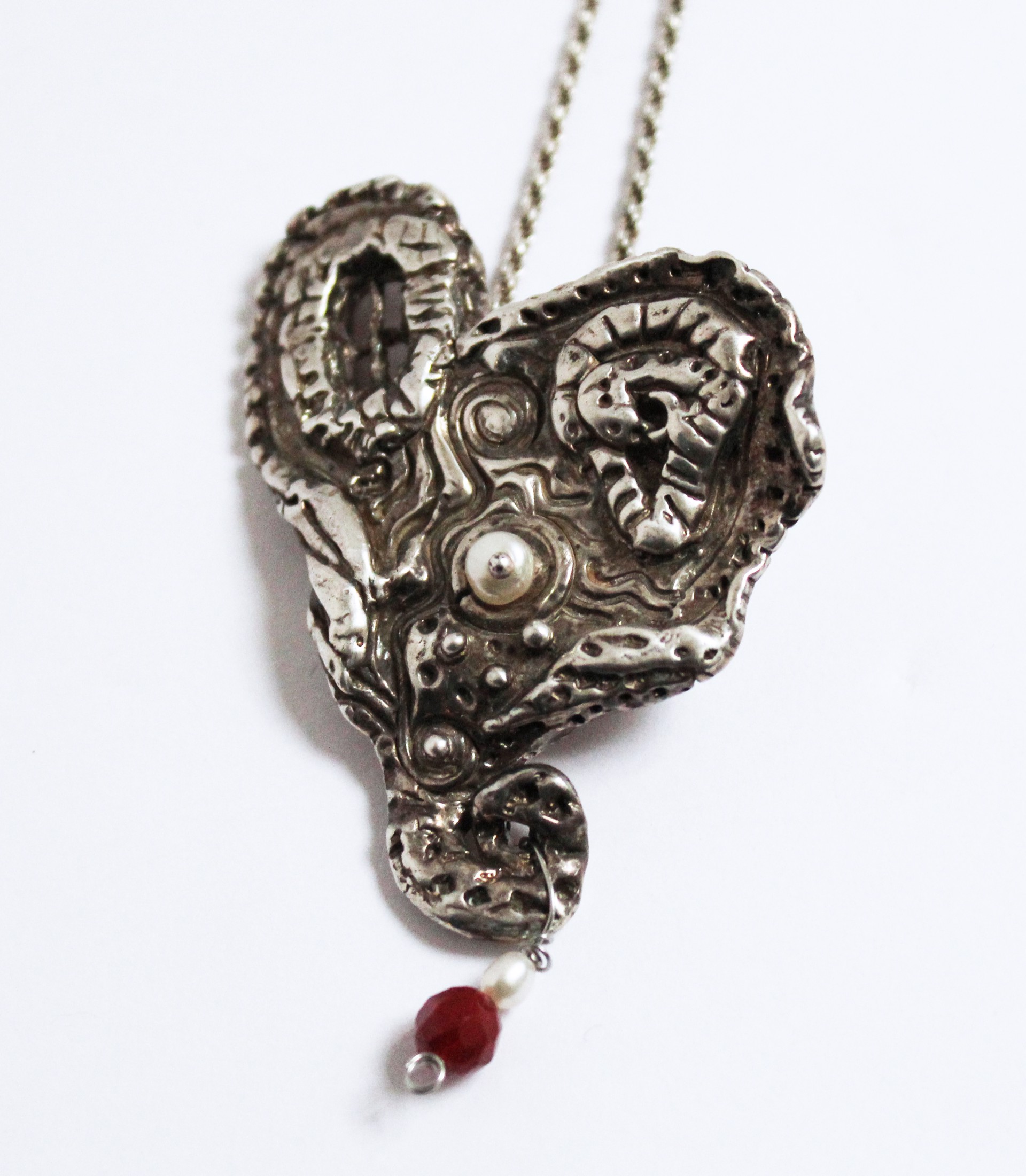 Sterling Necklace with Pearls & Garnet in Cast Pendant by Nancy Fleming
