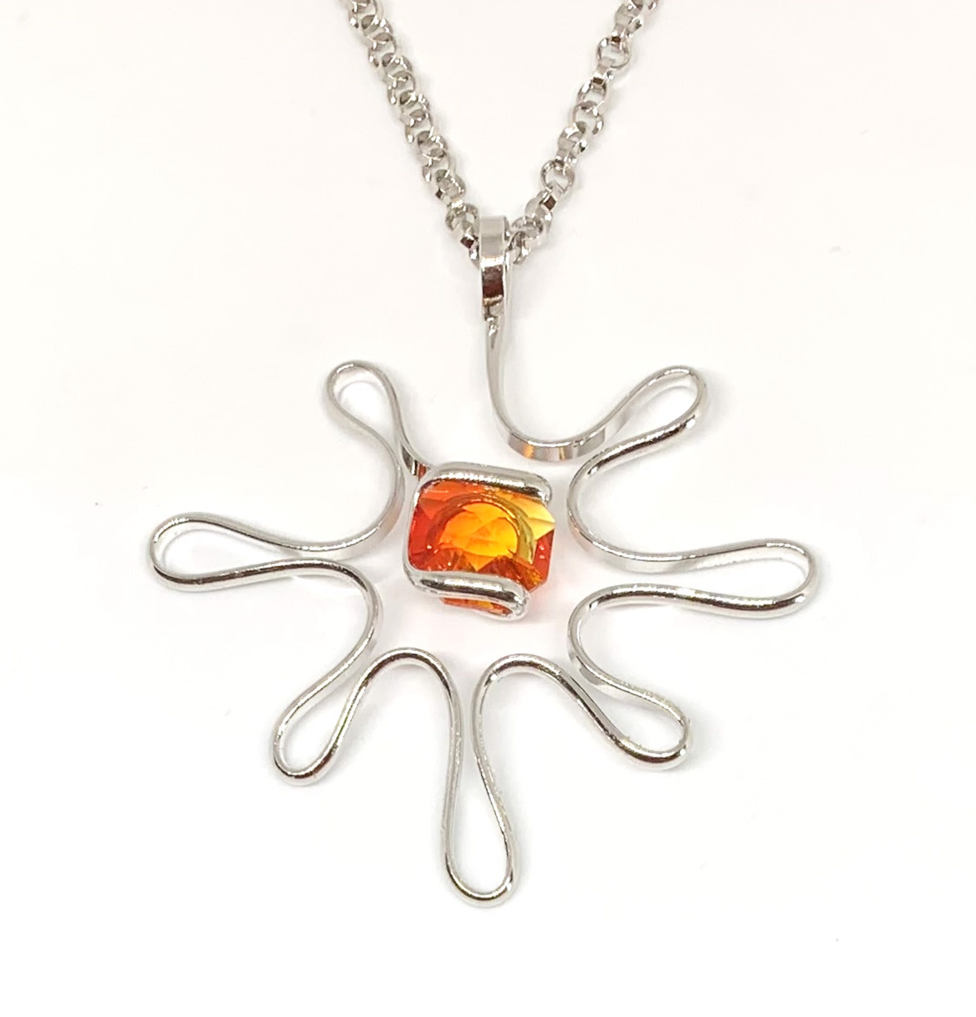 Fire Opal Swarovski Crystal Pendant - Handmade Triple Rhodium Plated by Monique Touber