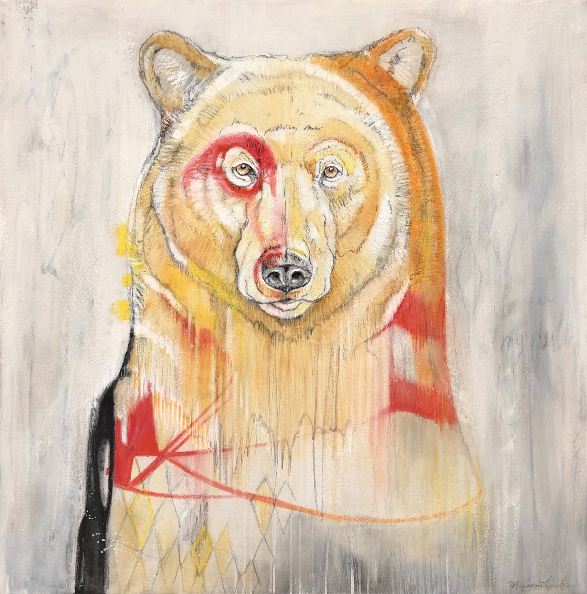 Original Mixed Media Painting Featuring A Grizzly Bear In Orange With Red Circle Around Left Eye Over Abstract Gray Background