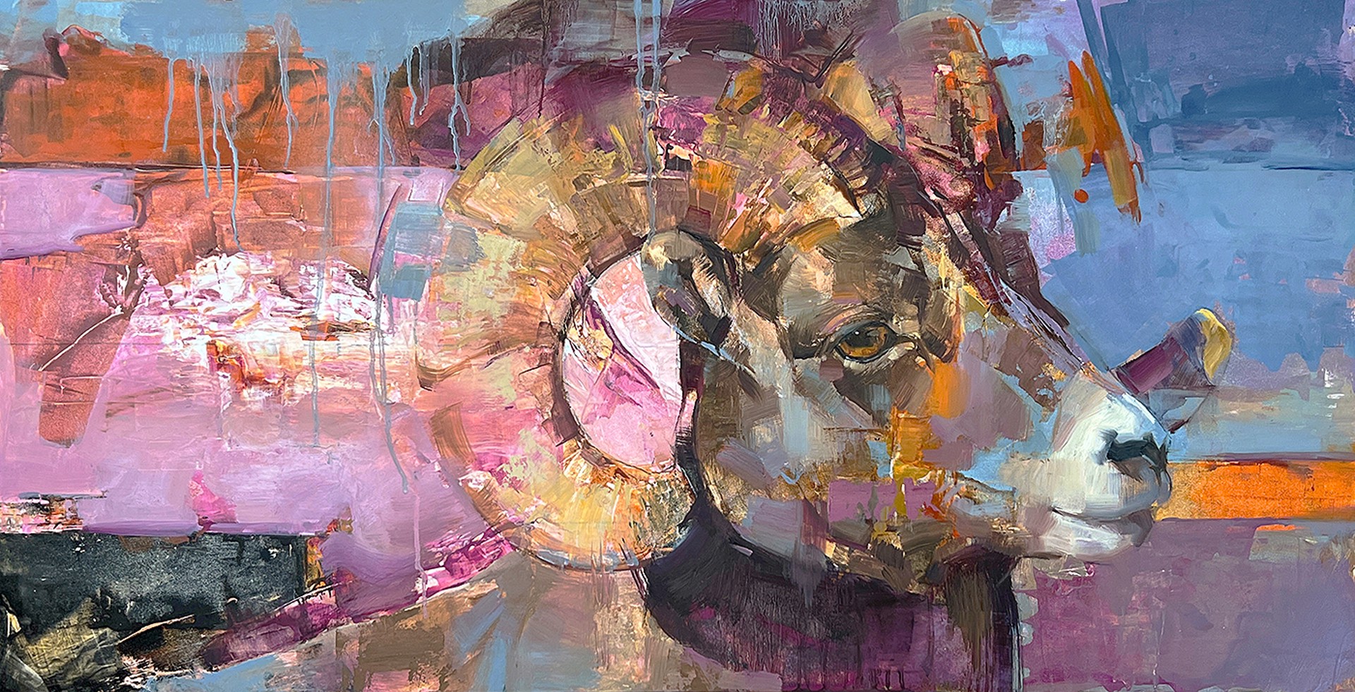 Original Mixed Media Painting Featuring A Big Horn Sheep Painted Expressively Onto Abstract Background In Pinks And Blues