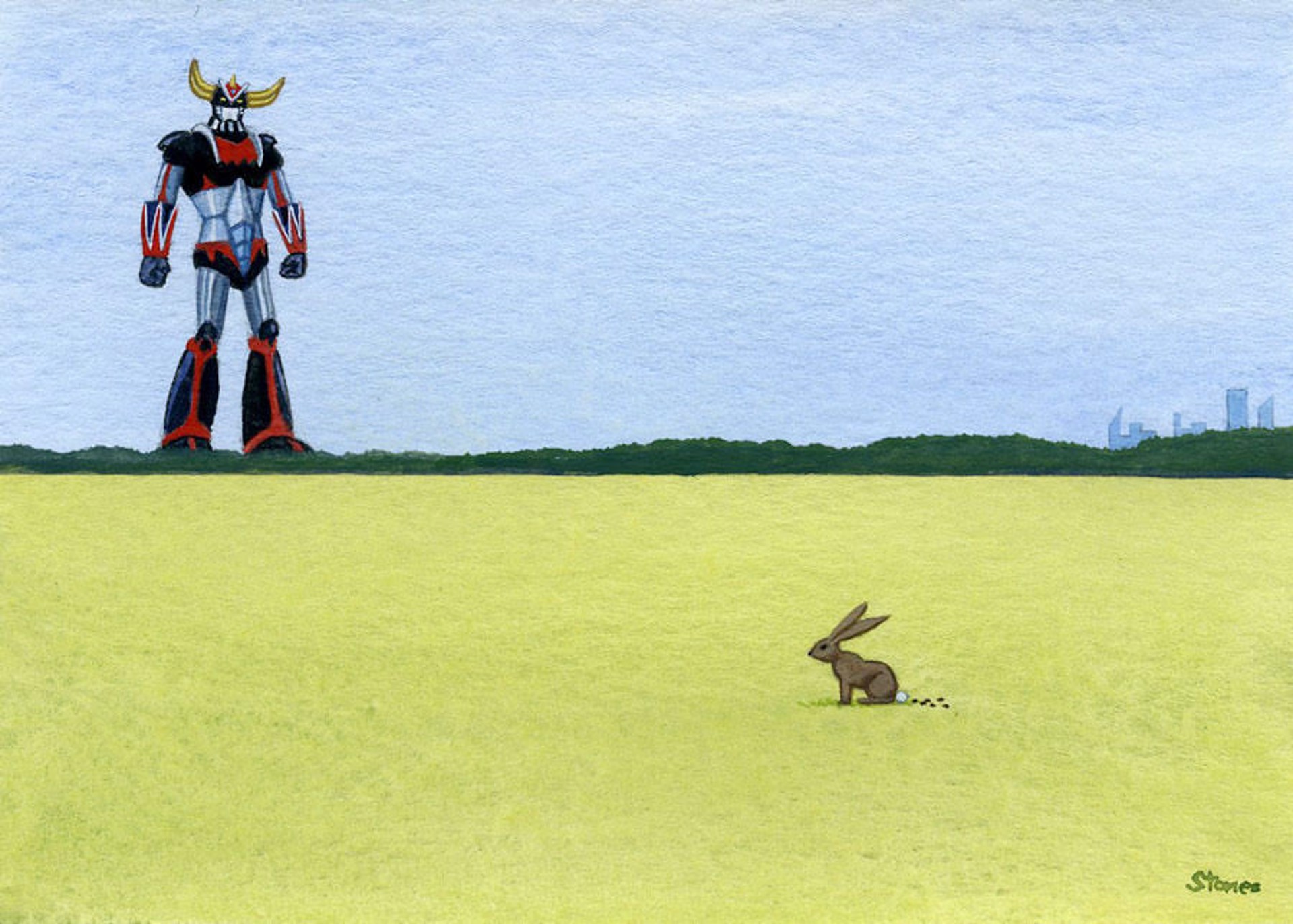 Giant Fighting Robot Spots Rabbit by Greg Stones