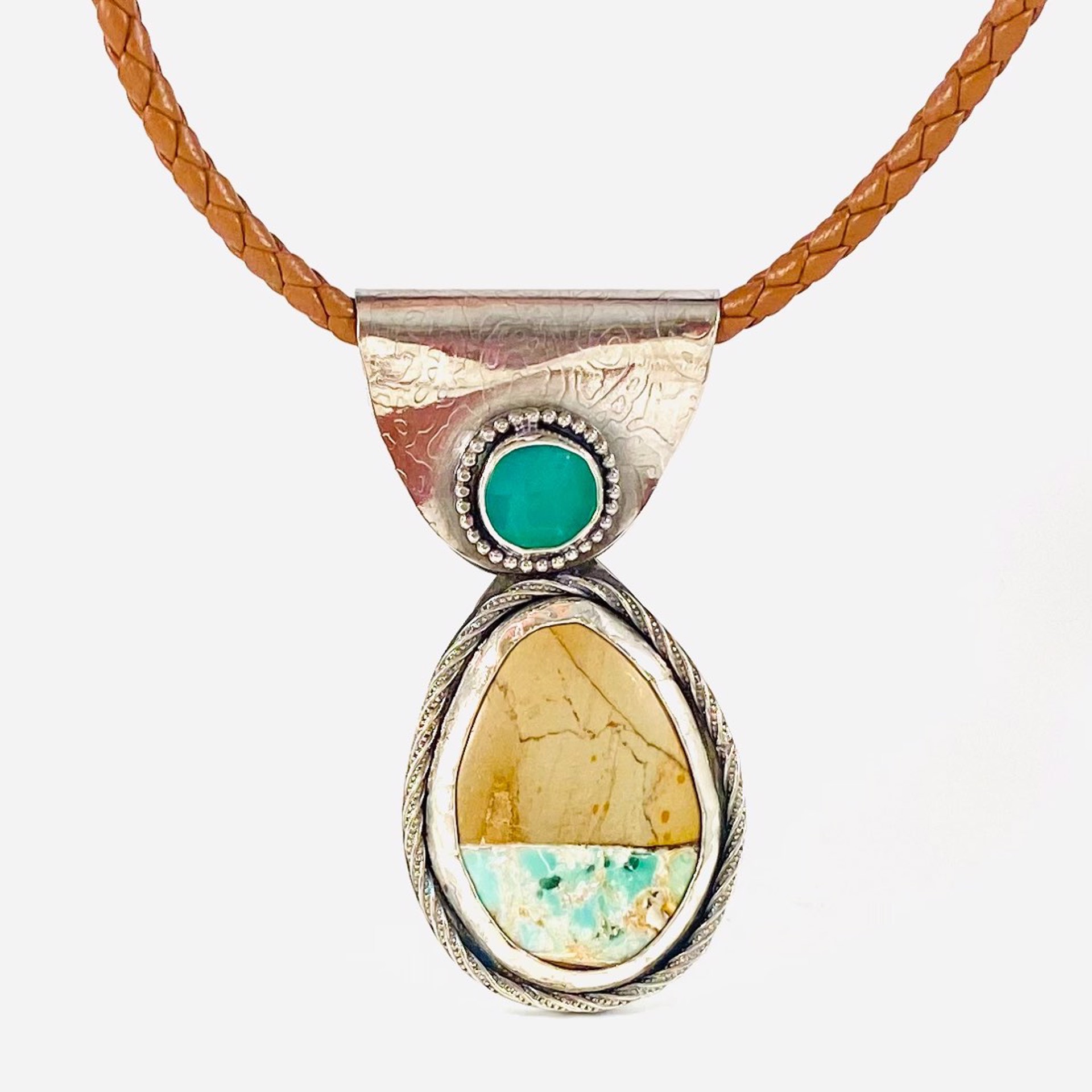 Teardrop Variscite  with Rope Bezel with beaded bezel Round Chrysoprase with beaded Bezel 3"Pendant on Braided Leather Necklace AB23-97 by Anne Bivens