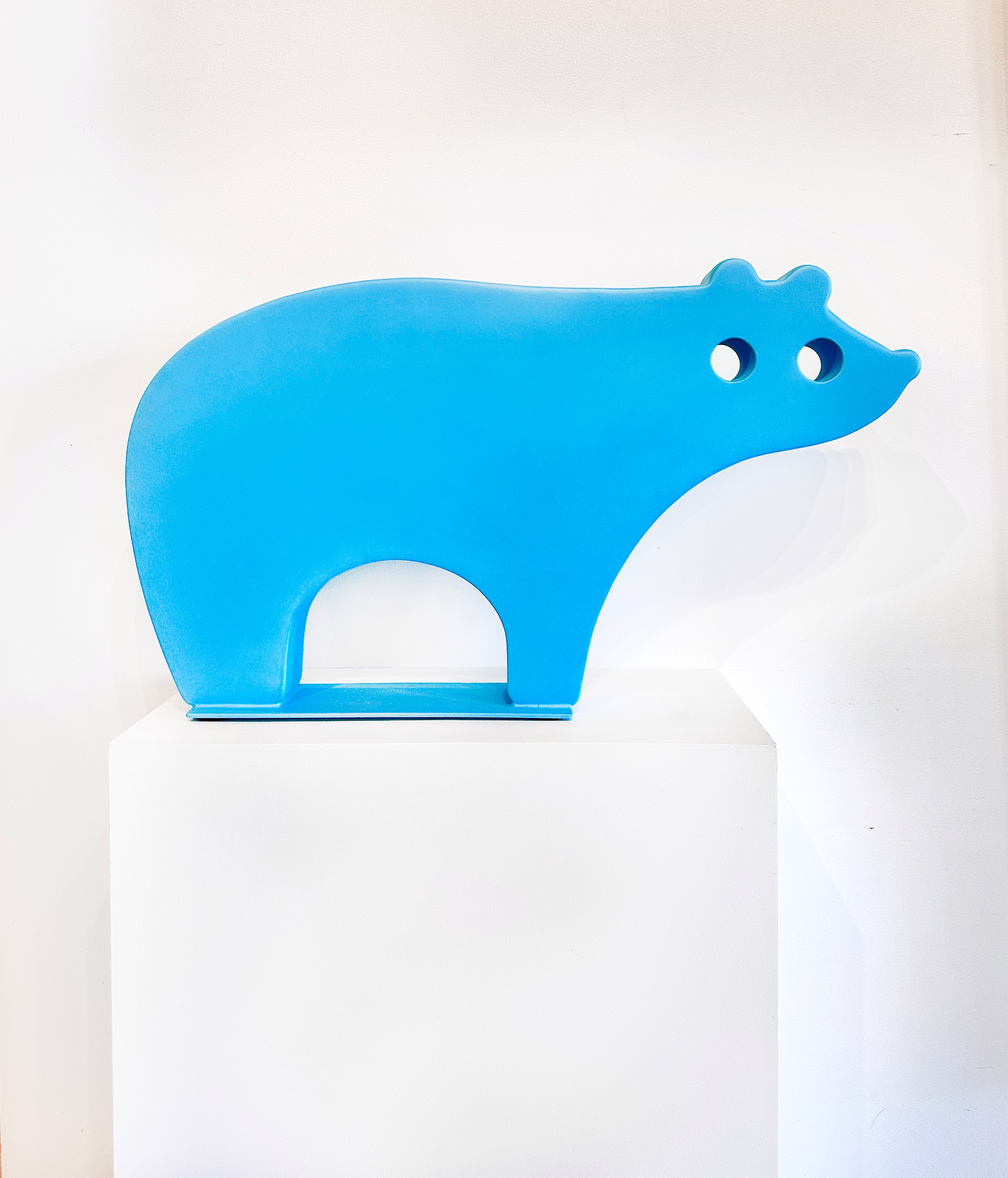 Steel Sculpture By Jeffie Brewer Of A Bear In Simplified Shaped With Light Blue Finish