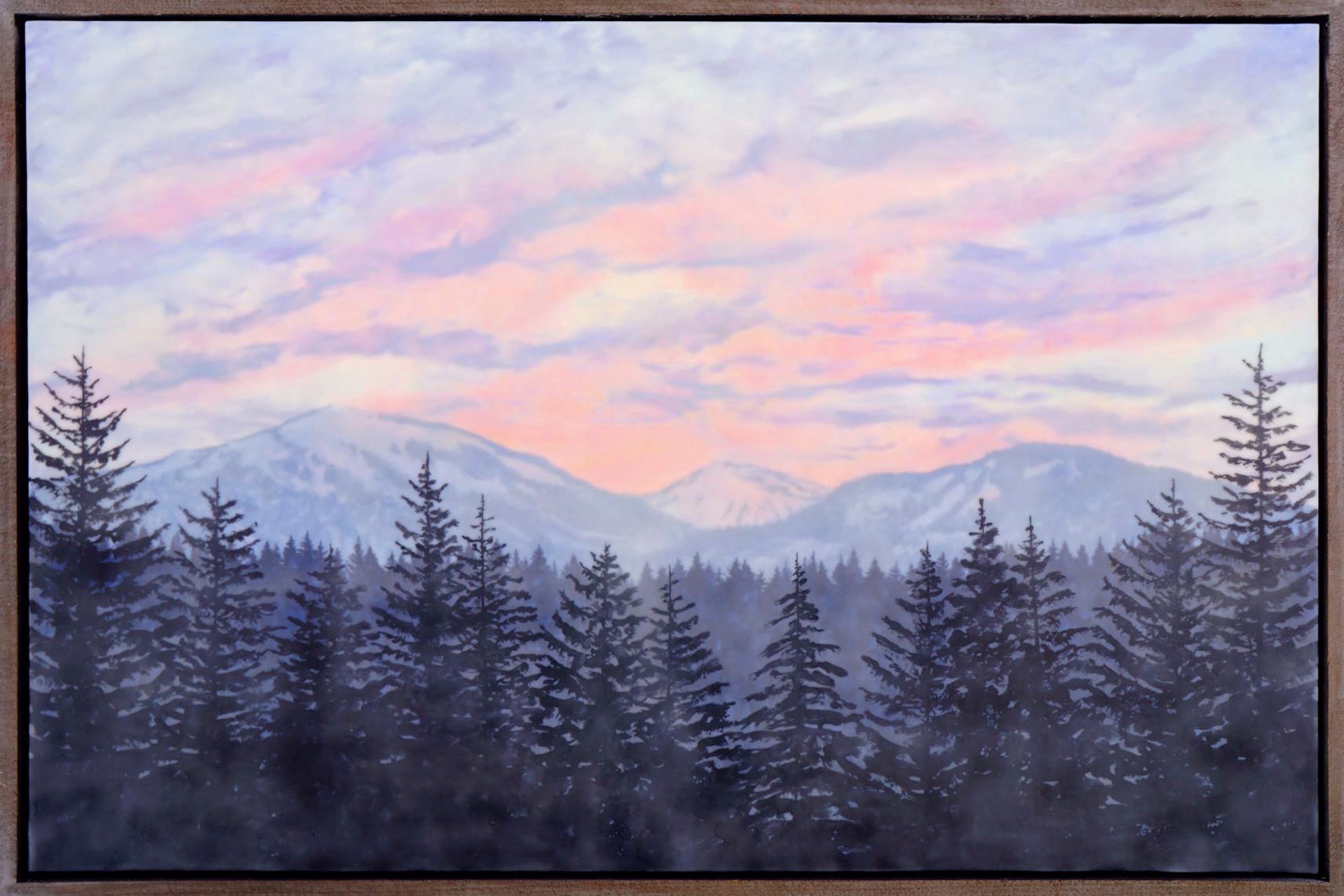 Original Encaustic Painting By Bridgette Meinhold Winter Mountain Landscape With Tall Pines Pink Light From the Sunrise Or Sunset
