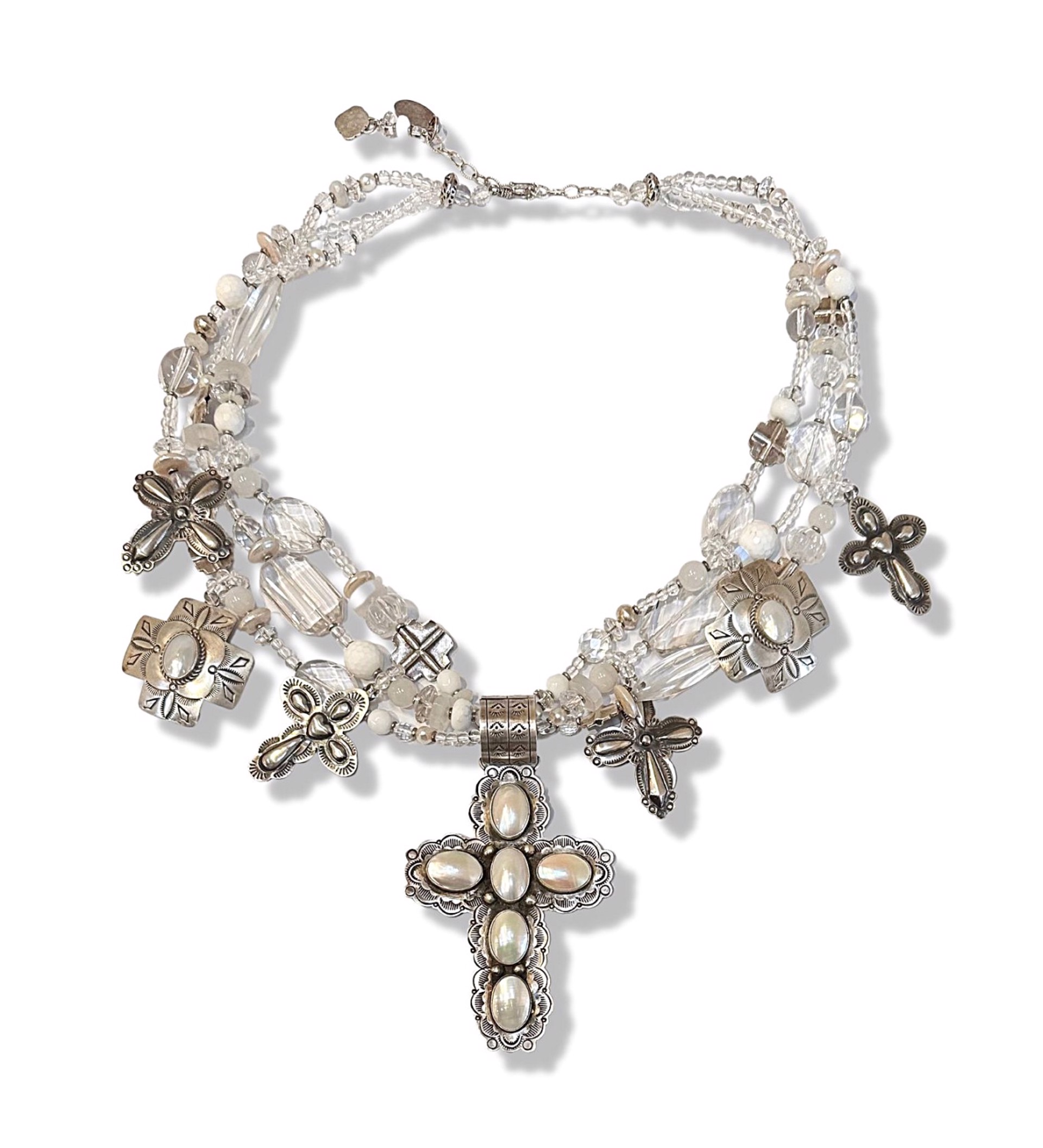 Necklace - 3 Strand Glass Beads with Sterling Crosses and Mother Pearl #43 by Kim Yubeta