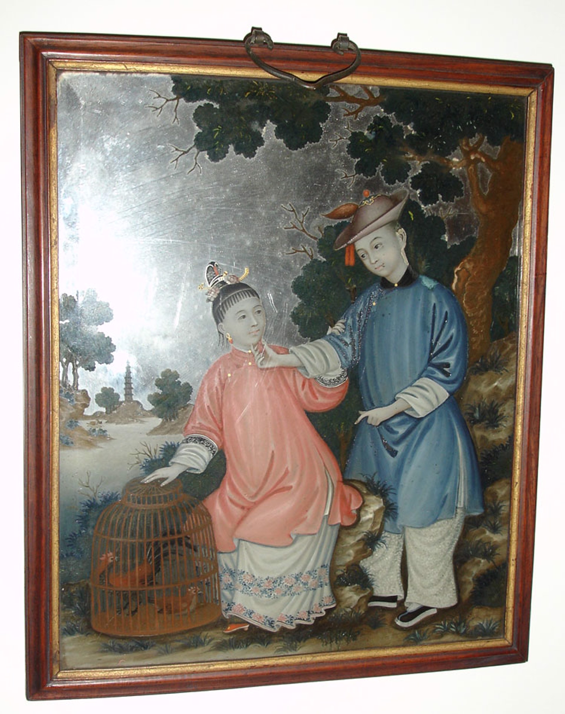 CHINESE REVERSE PAINTING ON GLASS WITH A COUPLE AND COCKERELS IN CAGE