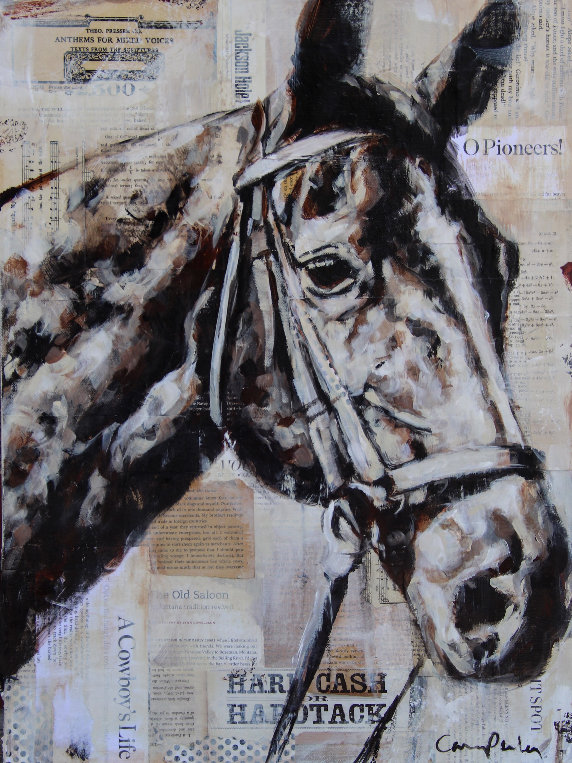 Original Artwork, Painting Of A Horse Head With A Collage Background, Monochromatic, By Artist Carrie Penley
