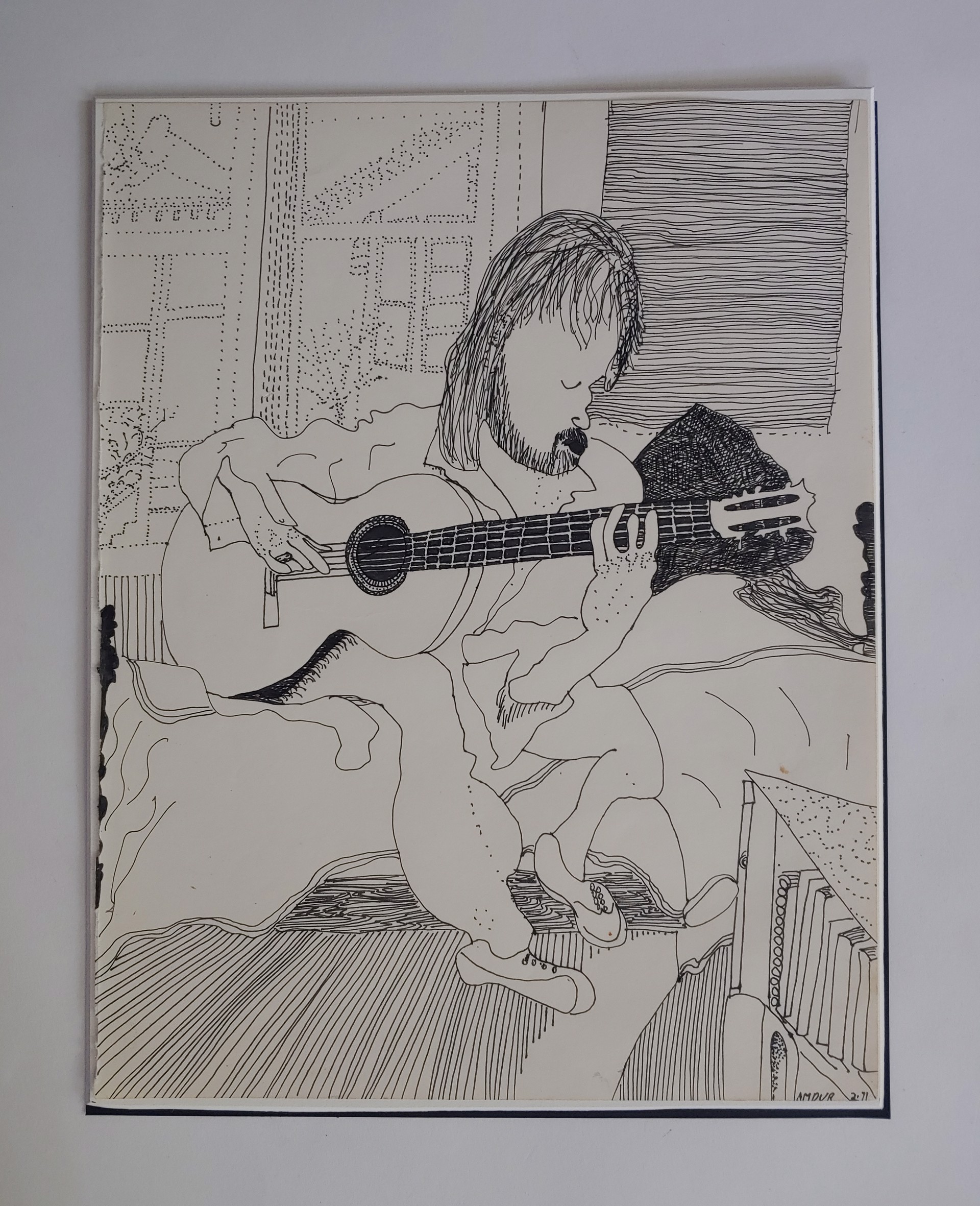 Man with Guitar - Drawing by David Amdur