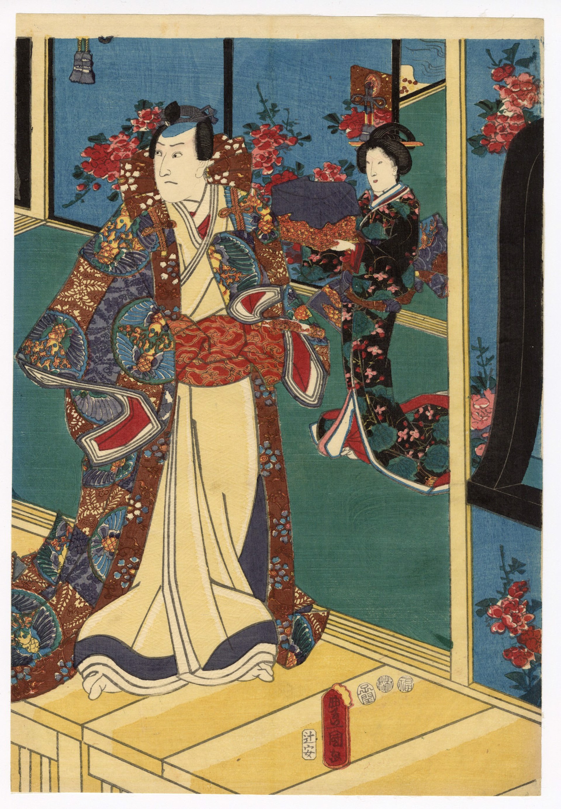 Sawamura Sojuro IV as Mitsuuji's Father on the Palace Veranda Genji-e by Kunisada